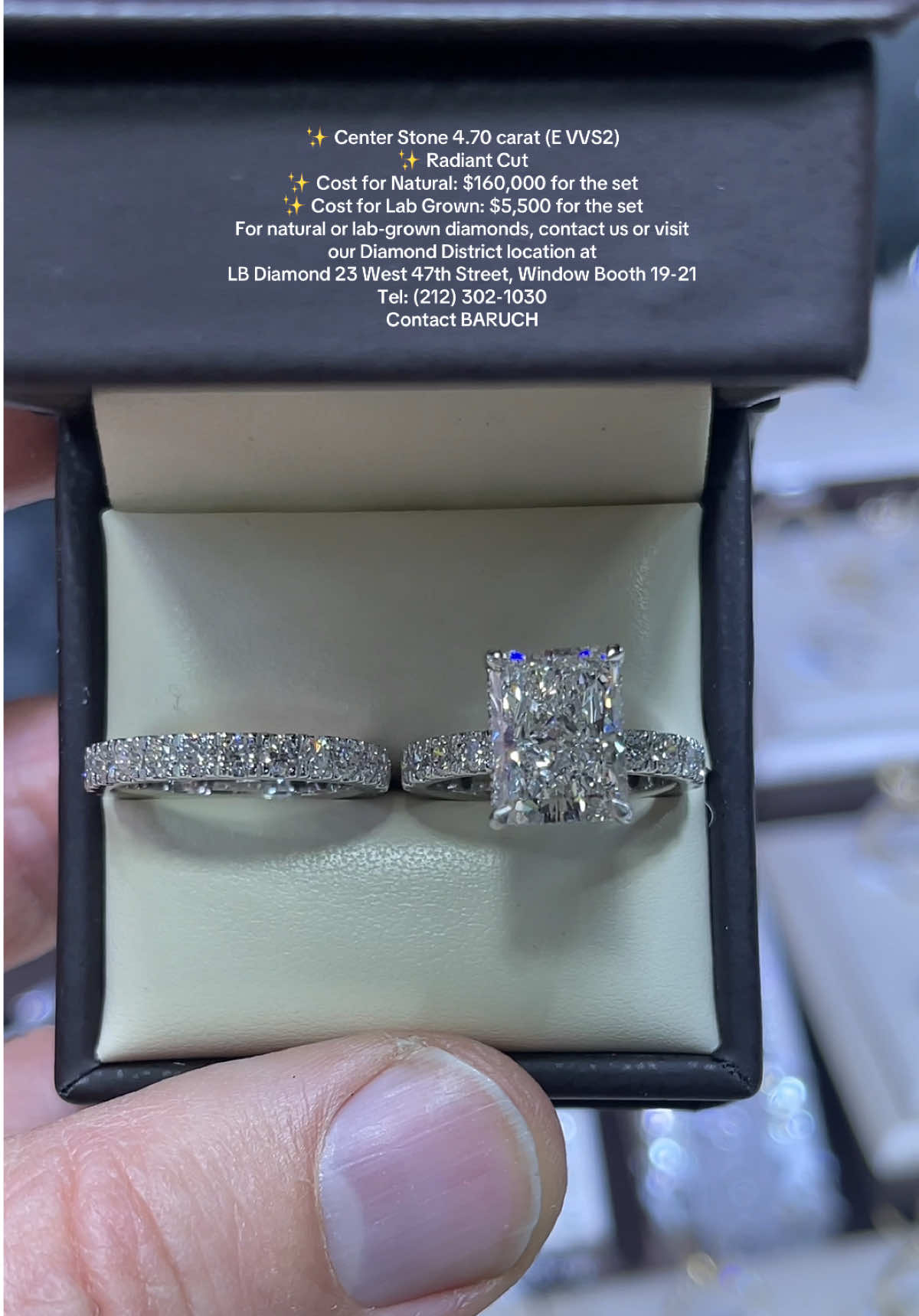 ✨ Center Stone 4.70 carat (E VVS2) ✨ Radiant Cut ✨ Cost for Natural: $160,000 for the set ✨ Cost for Lab Grown: $5,500 for the set  For natural or lab-grown diamonds, contact us or visit our Diamond District location at  LB Diamond 23 West 47th Street, Window Booth 19-21 Tel: (212) 302-1030 Contact BARUCH LB Diamond Inc.  23 West 47th Street Window Booth 19-21 New York, NY 10036 (212) 302-1030 Info@lbdiamond.com We specialize in GIA Certified Diamonds, Lab Grown Diamonds, Fine Diamond Jewelry, Engagement Rings, Eternity Bands and Special Orders  CONTACT US FOR MORE INFORMATION AND PRICING! #engagementring #engaged #diamond #oneofakind #foryou #richlife #wedding  #nyc #rounddiamond #hiddenhalo #pearshape #diamondengagementring #cushioncut #labgrowndiamond #labdiamond #elongatedcushion #ovaldiamond #marquisediamond #emeraldcutdiamond #radiantcut 