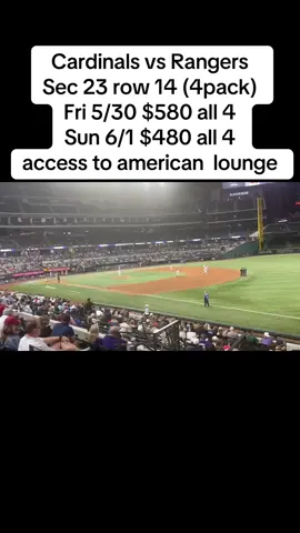 Cardinals vs Rangers Sec 23 row 14 (4pack)  Fri 5/30 $580 all 4  Sun 6/1 $480 all 4  access to american  lounge #rangers #cardinals #MLB #ballpark #ballislife #ballparkfood #dallas #texas #globelifefield #globelifepark  #openingday2025 #arlington #texas #denton #plano #richardon #deepellum #dallasfoodie #forthworthtx #dtowm #garland #rowlett #grandprairie #tradersvillage #lapulgadeseagoville #desoto #desighdistrict #mesquite #balchsprings #cedarhilltx #crokerhill #irving #highlandpark #universitypark #carrolltontx #harryhines #haltoncity #saginaw #mansfield #grapevine #lewisville #littleelm #prosper #mckinneytx #allen #plano #rockwall -#frisco #roysecity #sache