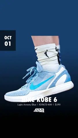Caitlin Clark x Nike Kobe 6 Protro Light Armory Blue / White release on October 1, 2025 for $190 via KicksOnFire app. kofapp.com