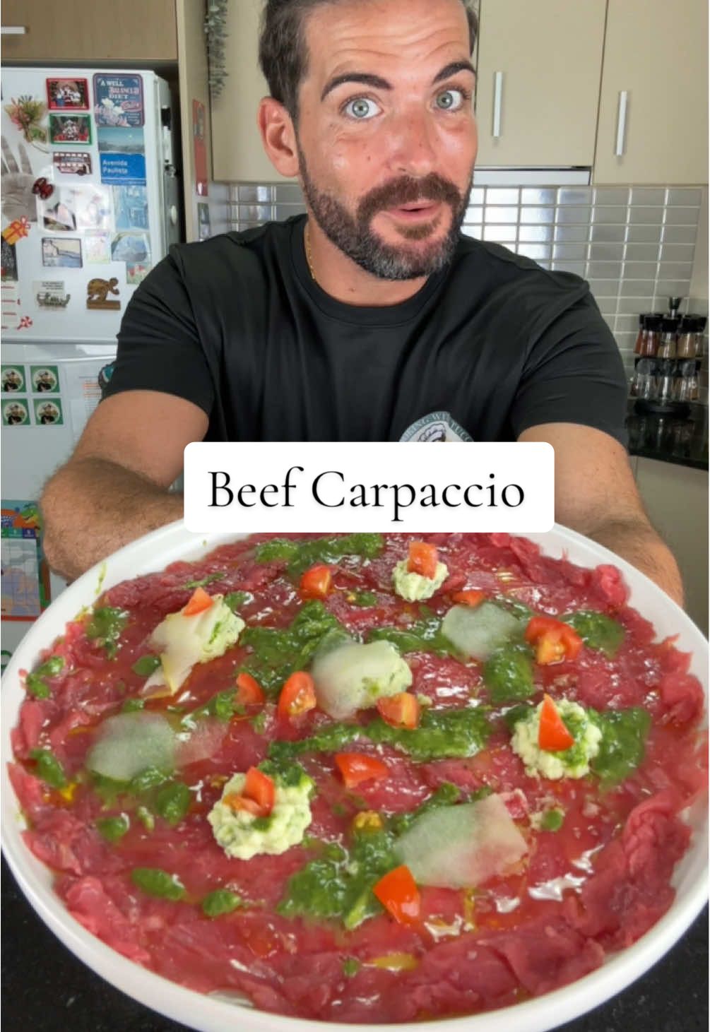 Beef Carpaccio | Fresh, Elegant, and Full of Contrast This is a dish all about quality ingredients and simple balance. Paper-thin slices of raw beef served with lemon, pear, a touch of creamy mascarpone, and peppery rocket — light, fresh, and elegant. Ingredients (serves 2): 	•	150g lean beef (extremely fresh, thinly sliced) 	•	Handful of rocket 	•	Juice + zest of 1 lemon 	•	1 tbsp mascarpone or ricotta 	•	A few slices of fresh pear 	•	Fresh parsley 	•	Salt, pepper, and extra virgin olive oil to taste Assemble, drizzle, and serve immediately — perfect as a light entrée or romantic dinner starter. #cookingwithtucci #beefcarpaccio #italiandishes #lightitalianfood #easyitalianrecipes #carpaccio #italianstarter #freshandflavourful #fyp
