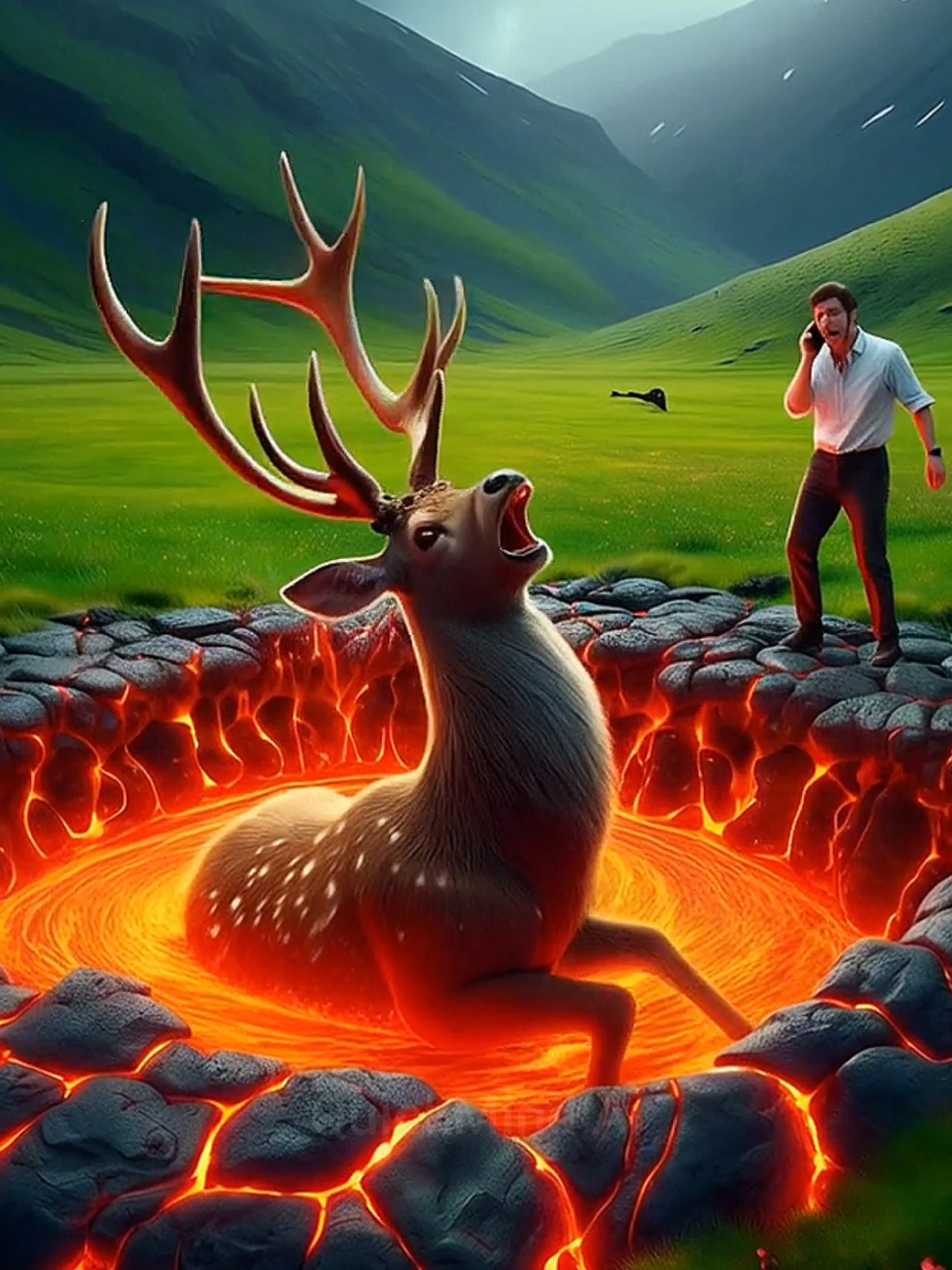 Brave Man Rescues Deer from Burning Lava Pit! 😩 #ai #deer #rescue #aivideo #foryoupage❤️❤️ #foryouu 