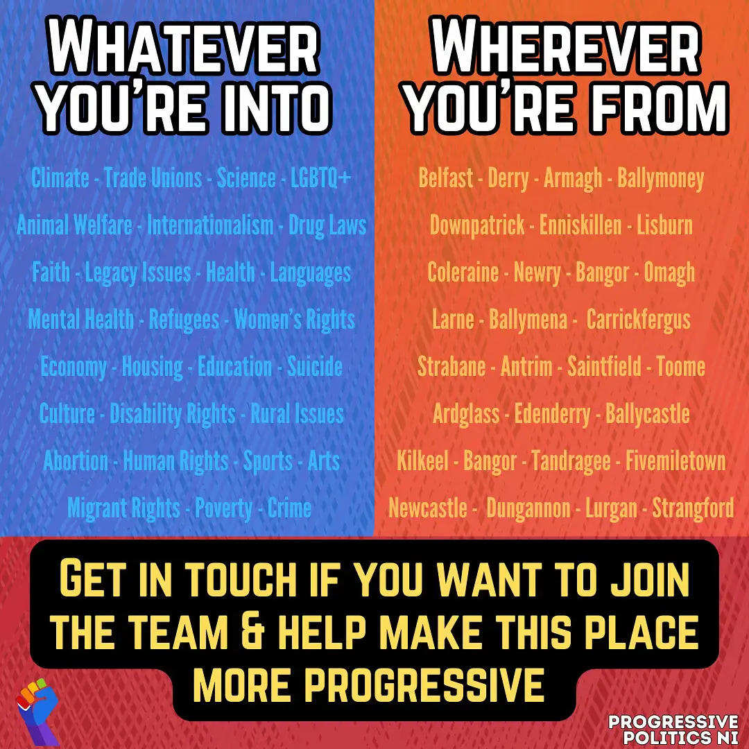 Get in touch! Send us a DM 😄 #Progressive #Politics #ProgressivePoliticsNI #PPNI #NorthernIreland #Ireland #Stormont #CityHall #Belfast #Derry #Lisburn #Portrush #Armagh #Newry #Ballymoney #Strabane #Bangor #Ards