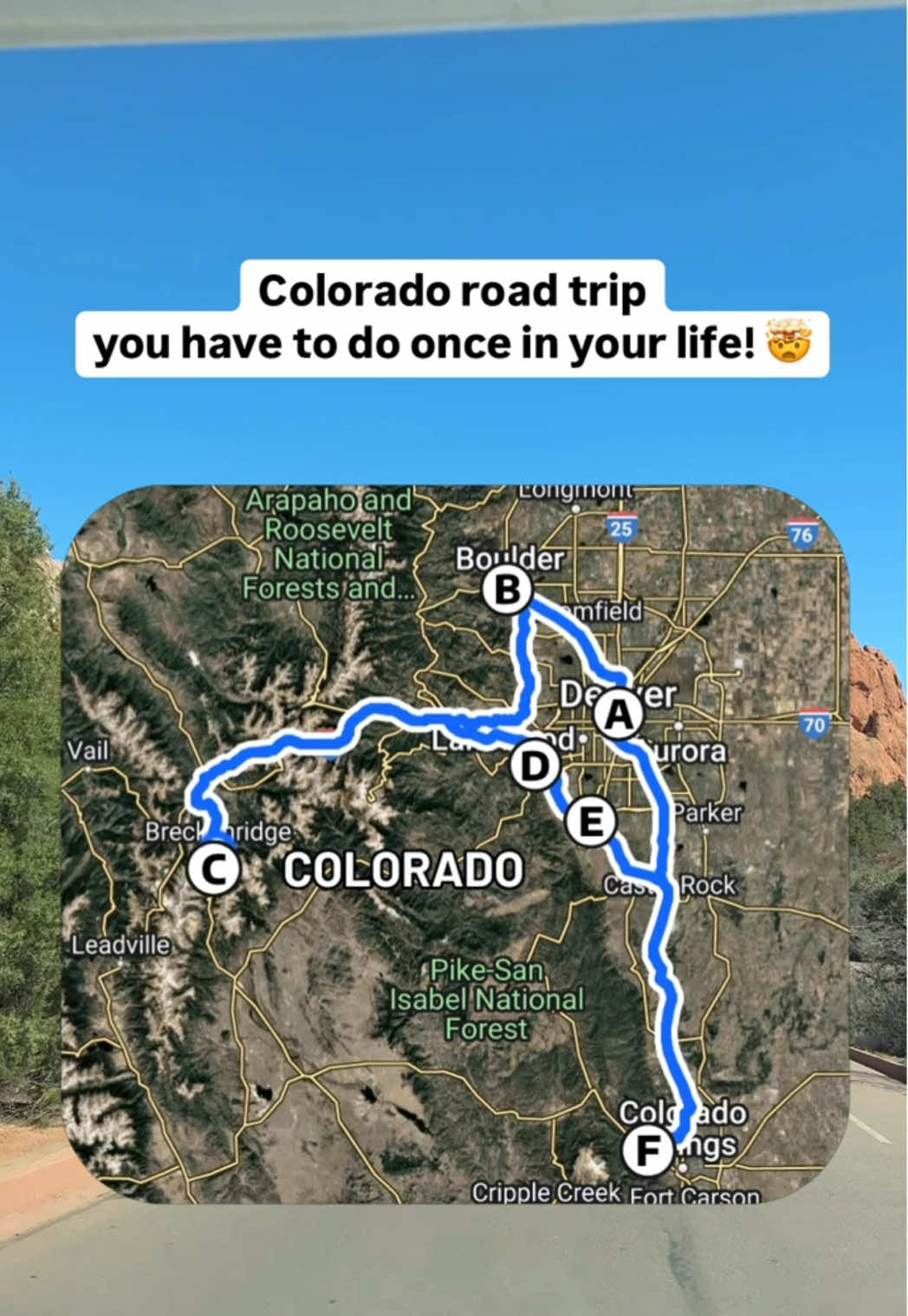 Save this Colorado weekend road trip ⤵️ The perfect mix of city vibes, mountains, and nature stops! 🌄 Day 1: Pick up your roadsurfer in Denver, explore the city, then cruise to Boulder 🚐 Day 2: Hit the slopes, hike, or stroll the charming streets of Breckenridge ⛷️ Day 3: Wrap it up with Red Rocks & Garden of the Gods before heading back to Denver 🎶🪨 🗺️ Route Overview: A. Denver B. Boulder C. Breckenridge D. Red Rocks Amphitheater E. Chatfield State Park F. Garden of the Gods G. Return to Denver @Visit Colorado #roadsurfer #roadtrip #denver #colorado #rv #rental