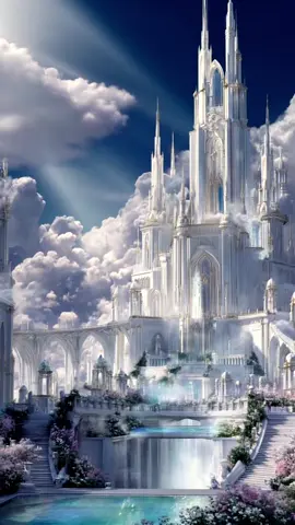 🏰🌥️ Sky castles above clouds, glowing in sunlight. 🌿✨ #ai #aiart #fantasy #dreamy #magic #city #gold #royal #clouds #marble #flowers #lightfantasy #fyp #fy #art #castle 