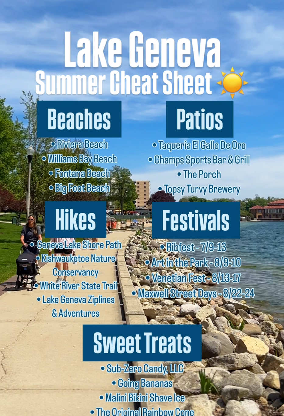 Summer is almost here! ☀️ Save our Cheat Sheet & share with your friends to start planning your next #LakeGeneva adventure 😎 #planning #travel #Summer #bensonboone #mylakegeneva #visitlakegeneva #travelwi #lakegeneva #events #summerevents #patioseason #Hiking #beach #sweettreat #festivals #festivalseason
