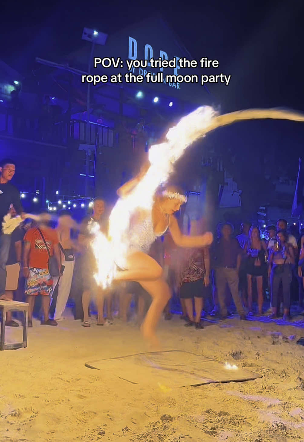 arrived at the full moon party at 9 pm. got fire burns by 10 #fullmoonparty #fullmoon #kohphangan #thailand #fail #travel #traveltok #firerope #viral #backpacking 