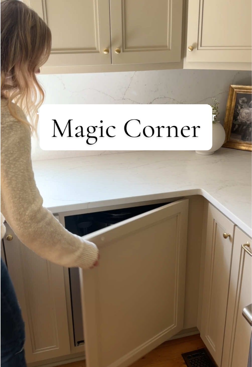 Cabinet Maker: “We don’t use corner spaces anymore. We just close it off.”  Designer: “We can do better. Every inch of a kitchen should function”  #interiordesigner #nashvilleinteriors #nashvilledesigner #magiccorner #kitchengadgets #kitchenorganization 