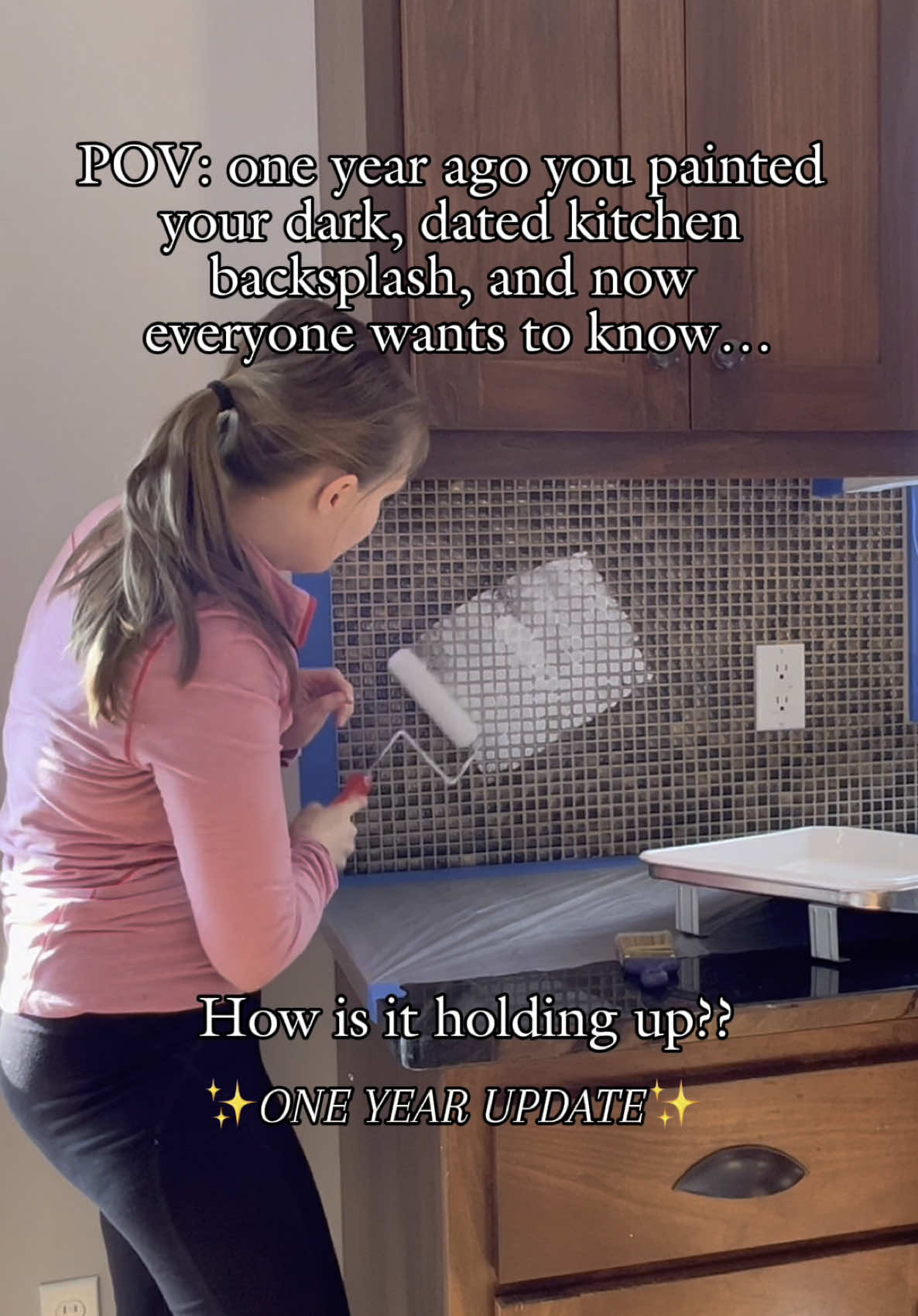 What do you think of this painted kitchen tiled backsplash one year later??? #diymom #kitchenmakeover #kitchenbacksplash #diykitchen #kitchenideas #kitcheninspo #homeandkitchen 