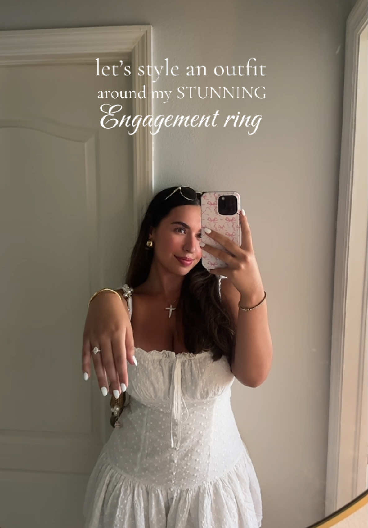 Here’s today’s fit to take some pics downtown! Guys you’re gonna be SICK of me styling outfits around my ring but I love her so much!!! 💍 #engaged #engagementring #summeroutfits #summeroutfitinspo #whitedress #getdressedwithme #gdwm #outfitinspo 