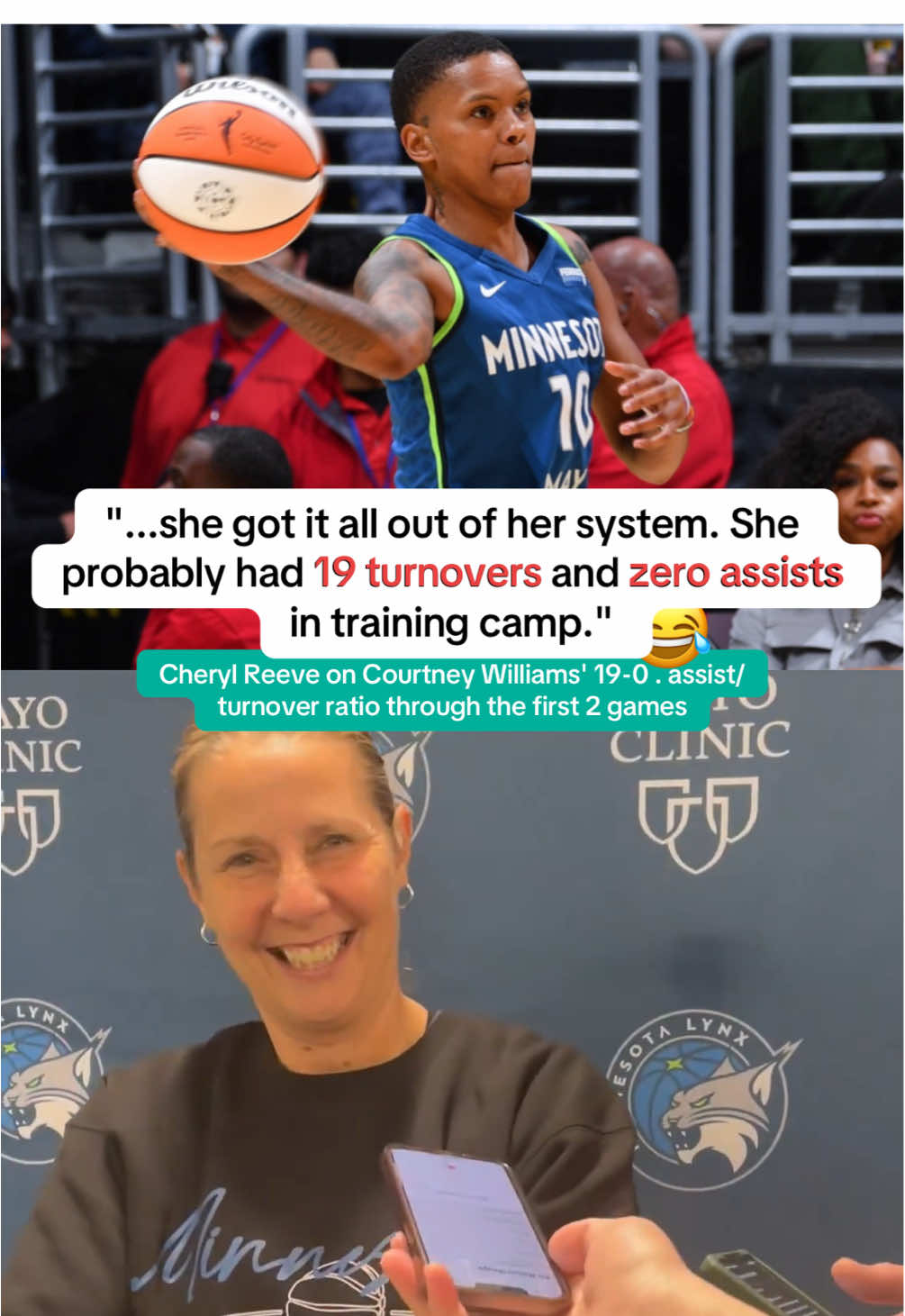 Courtney definitely turned it around since training camp 😂👏 She has 19 assists and ZERO turnovers through the first two games of the season 🔥 (via Andrew Dukowitz/X) #minnesotalynx #WNBA #wnbaisback 