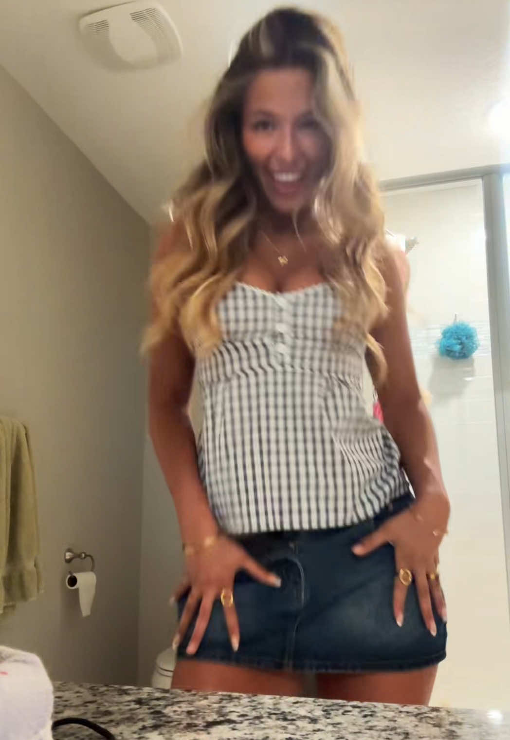 didn’t want 2 button it up lol  #fyp #OOTD #denimskirt #jeanskirt #miniskirt #summerootd #SummerFit #tan #cutetop #ginghamtop #bluetop #springfashion #fashiontok #bod #hair #slay #cute #taylorswift #missme #loveme #vibe 