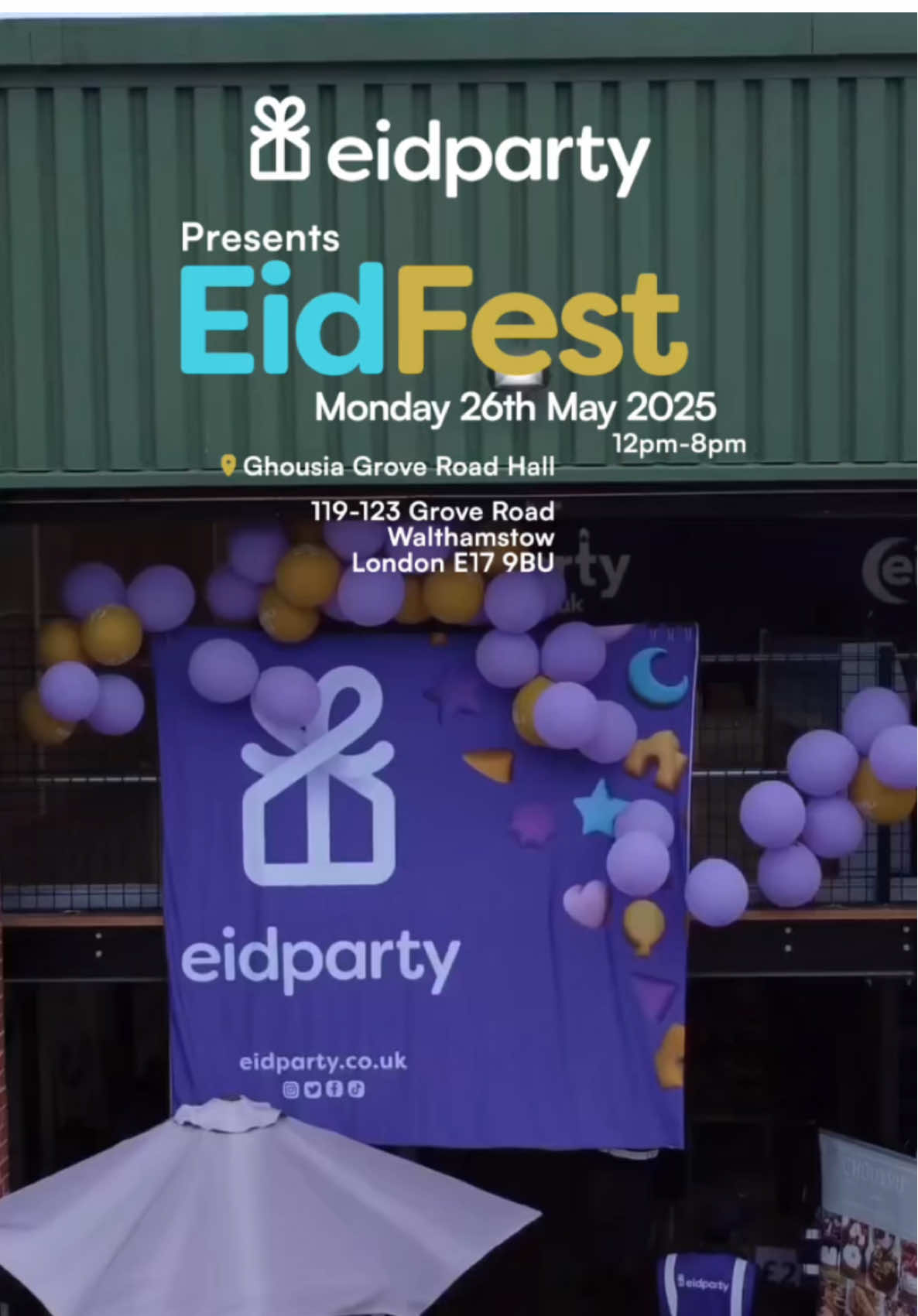 Get ready! — EidFest 2025 is coming! Join us this Bank Holiday Monday, 26th May 2025 for the ultimate Pre-Eid Festival! Time: 12pm – 8pm Location: Ghousia Grove Road Hall 119-123 Grove Road, Walthamstow, London E17 9BU Expect: 	•	50+ Amazing Brands 	•	Street Food & Gourmet Trucks 	•	Frozen Treats, Bakes & Sugar Stations 	•	Clothing & Style Bazaar 	•	Toys, Games & Kids Fun 	•	Faith & Wisdom Corner 	•	Booksellers, Handcrafts & Personalised Goods 	•	Fragrances, Gifts & Decorations 	•	Fresh Bloom Bar & more! It’s a full day of mouthwatering food, epic shopping, and fun for the whole family! Don’t miss the vibes, the treats, and the magic of #EidFest2025! Like, Share & Tag who you’ll be bringing! @chailabuk @cupachoc @lovesaffronstreet @saffronkitchen @texbbqz @themocktaillab @seoulfulkdawg @vicino_london @juniorswafflicious @yolarefreshments @omgsugarshop @the.leafstem @truffleandtea @sweetsplendoruk @sweetfatibakes @cakesbysamina @ovenly86 @therawkitchenuk @heavenlydelightssweets @loadedbrowniesss @samiastreasures @azbauk @nailaahmadlondon @khadijahislamicstore @bambinolondon_ @nurifyskin @abayas4women @thobes4men @dubai_perfume_shop_uk @getmy365 @dressbox_fashion @imaan_kidz @ibaadaty @faseel_frankincense @thestandlabel @ddequilibrium @x_flutterbybeautiful_x @thechewtreecompany @ansaamuk @heba.collections @inspiredpearlspublishing @taibahs_tasbihs @layaaligems @stellaracollective @picknmix_toyzngifts @towardsfaith @epmodest 