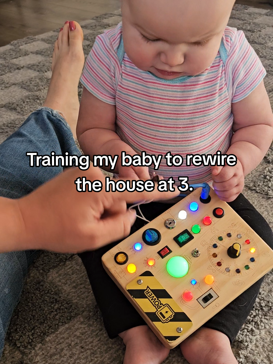 Just over here raising a tiny electrician. If the lights start flickering… it’s her fault. #switchboar #busyboard  #toddlerplay  #stembaby #montessoritoys #Montessori #smartbaby #futureengineer  #momhumor #electrician #futureelectrician 