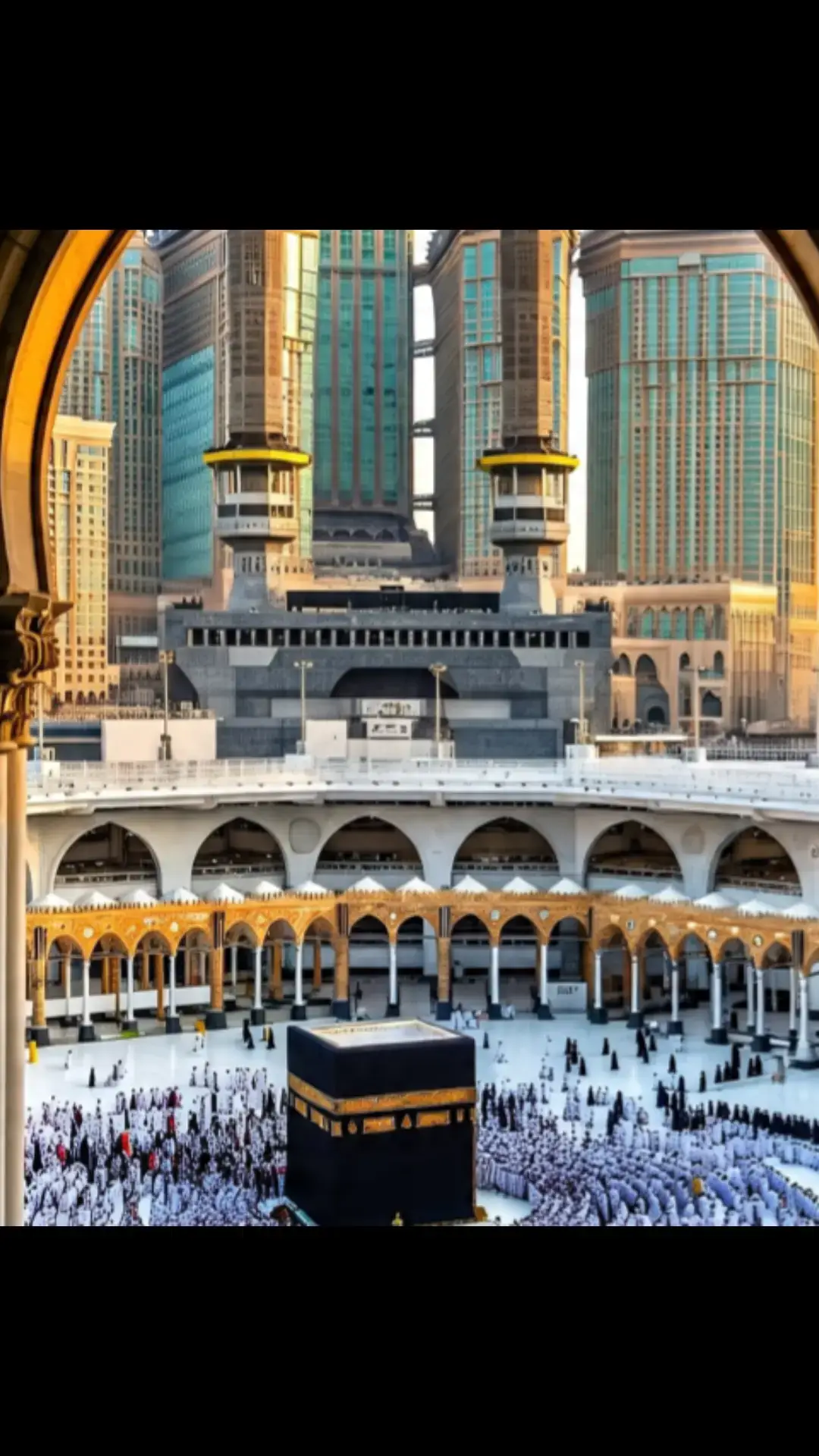 The image you shared is a stunning depiction of the Kaaba in Masjid al-Haram, Mecca, with worshippers walking around it during what appears to be either sunrise or sunset. The scene is framed with palm trees and flowers, adding a peaceful and spiritual vibe to the moment.