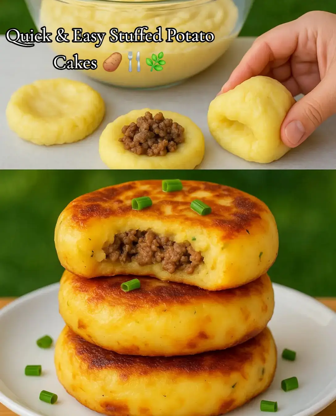 Full Recipe: Quick & Easy Stuffed Potato Cakes 🥔🍴🌿 Ingredients: - 2 large potatoes 🥔 - 1/2 cup cheddar cheese 🧀 - 1/4 cup chopped green onions 🌱 - 1/4 cup breadcrumbs - 1/2 tsp garlic powder - Salt and pepper, to taste - 2 tbsp olive oil - Sour cream and extra green onions for garnish Directions: 1. Wash and peel the potatoes, then boil them until they are fork-tender.  2. Once cooked, mash the potatoes in a bowl and mix in the cheddar cheese, green onions, breadcrumbs, garlic powder, salt, and pepper.  3. Form the potato mixture into small patties. 4. Heat olive oil in a skillet over medium heat. 5. Cook the potato cakes for 3-4 minutes on each side, or until they are golden brown and crispy. 6. Serve the stuffed potato cakes hot, garnished with a dollop of sour cream and extra green onions. Tips: - Make sure to fully cook the potatoes before mashing to ensure the potato cakes hold together well. - Feel free to customize the filling with your favorite ingredients such as cooked broccoli, bacon, or mushrooms. - You can also bake the potato cakes in the oven for a healthier alternative. Prep time: 20 minutes Calories: 250 per serving (2 potato cakes)