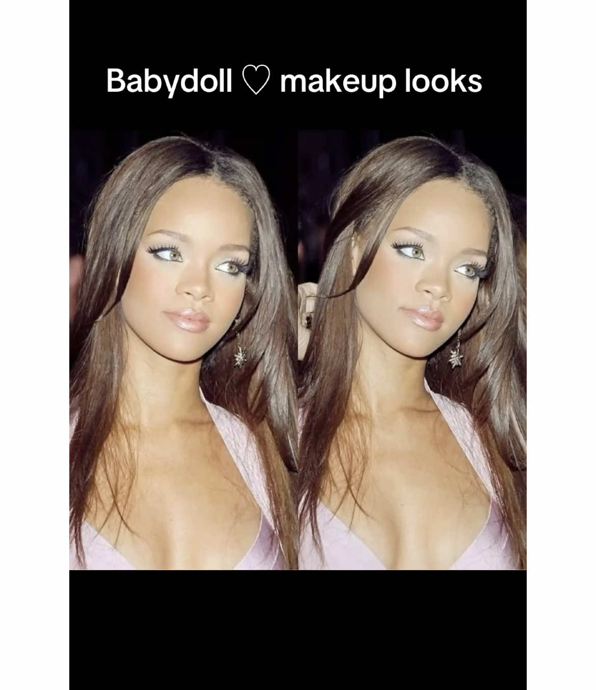 Babydoll ♡ makeup looks : inspired by late 90’s- early 2000’s glowly, feminine , and flushed . Definition on cheeks and lips with soft eyebrows and soft eye makeup. I believe women of color defined this look . It was sexy, yet still very feminine and beautiful. Using a lot of cool colors like pink and white with a contrast of a tan,glowly bronze, and big doe eyes this look is perfect for a summer day and evening out. #rhianna #cassie #cassieventura #natalieportman #emmyrossum #dovecameron #aaliyah #jessicaalba #lanadelrey #tayorrussell #lilyrosedepp #babydoll #y2k #makeup #softmakeup 