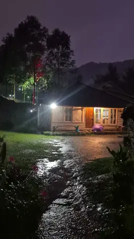 suasana hujan saat menjelang malam di pedesaan 