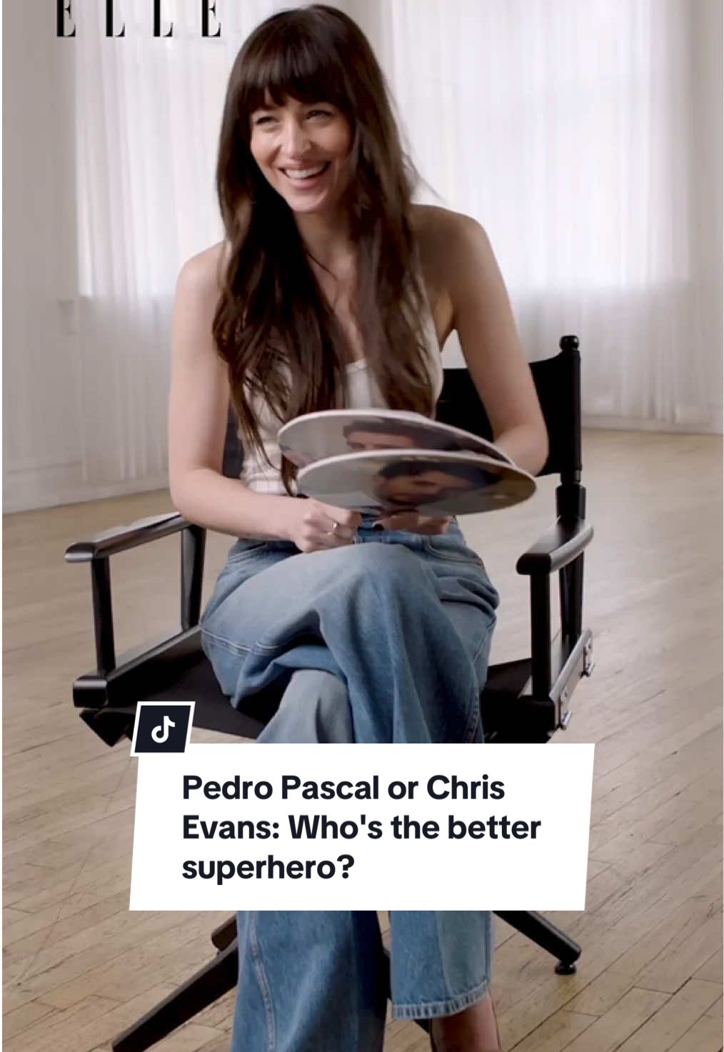 Would #PedroPascal or #ChrisEvans make a better superhero? ELLE UK cover star #DakotaJohnson is undecided!