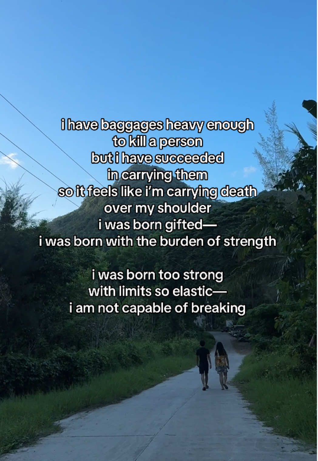 i have baggages heavy enough to kill a person but i have succeeded  in carrying them so it feels like i’m carrying death over my shoulder i was born gifted— i was born with the burden of strength i was born too strong with limits so elastic— i am not capable of breaking an excerpt from too strong to break | 𝒕𝒉𝒆 𝒍𝒊𝒗𝒆𝒔 𝒘𝒆 𝒅𝒊𝒅𝒏'𝒕 𝒍𝒊𝒗𝒆 ______ sulat ni Sydelle Santos  kuha ni Alexandra Lee #malamayawrites #sydellesantos #filipinowriter #filipinopoet #poetry #poem #qotd #quoteoftheday #poet #poetsociety #poetsofinstagram #poetsoftiktok #poetsofig #poems #poetrylovers #baggage #emotionalbaggage #MentalHealth #daughter #brokenfamily #pain #fyp #foryou #foryoupage #trending #viral 