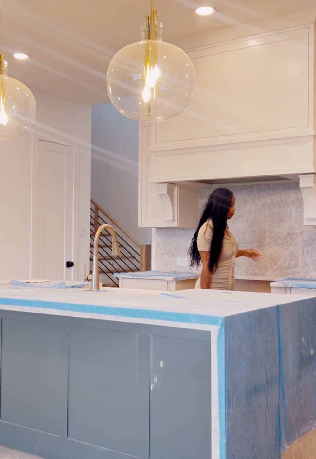 Kitchen update! Loving these modern glass globe pendants chosen for the modern kitchen. It’s giving sleek, airy, and timeless.  What do you think of this lighting choice? #KitchenGoals #ModernDesign #NewBuildProgress#FYP #Explore