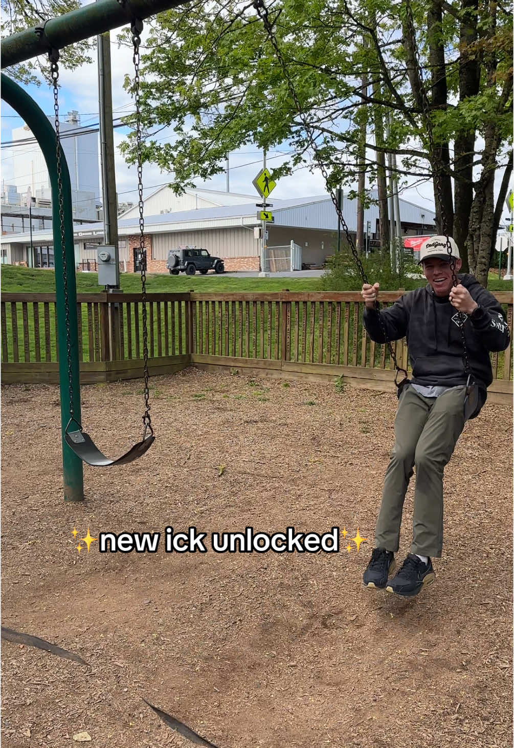 Nothing prepared me to see my grown husband pumping his legs on the swings😬 #husband #husbandhumor #husbandwife #ick #newickunlocked 