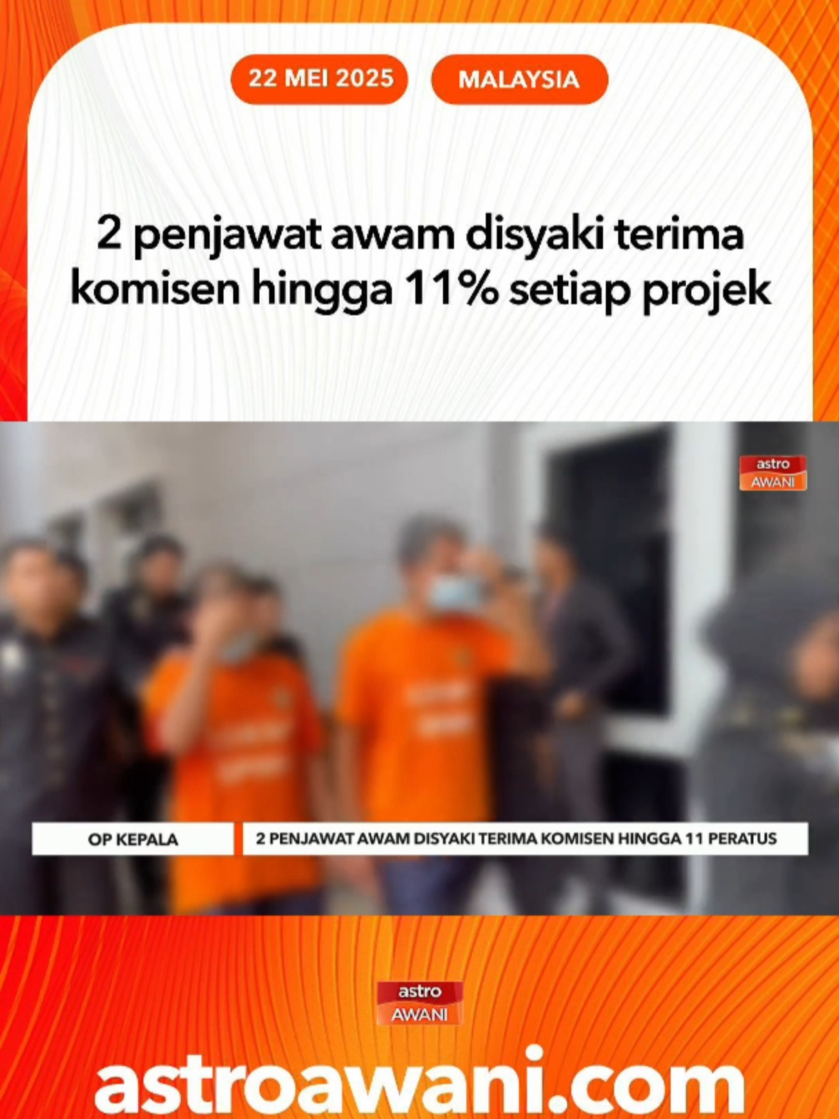Dua penjawat awam dengan seorang daripadanya bergelar ‘Datuk’ yang ditahan Suruhanjaya Pencegahan Rasuah Malaysia (SPRM) baru-baru ini, disyaki menerima komisen antara enam dan 11 peratus bagi setiap projek pembangunan dan senggaraan yang diluluskan sejak 2021. #AWANInews