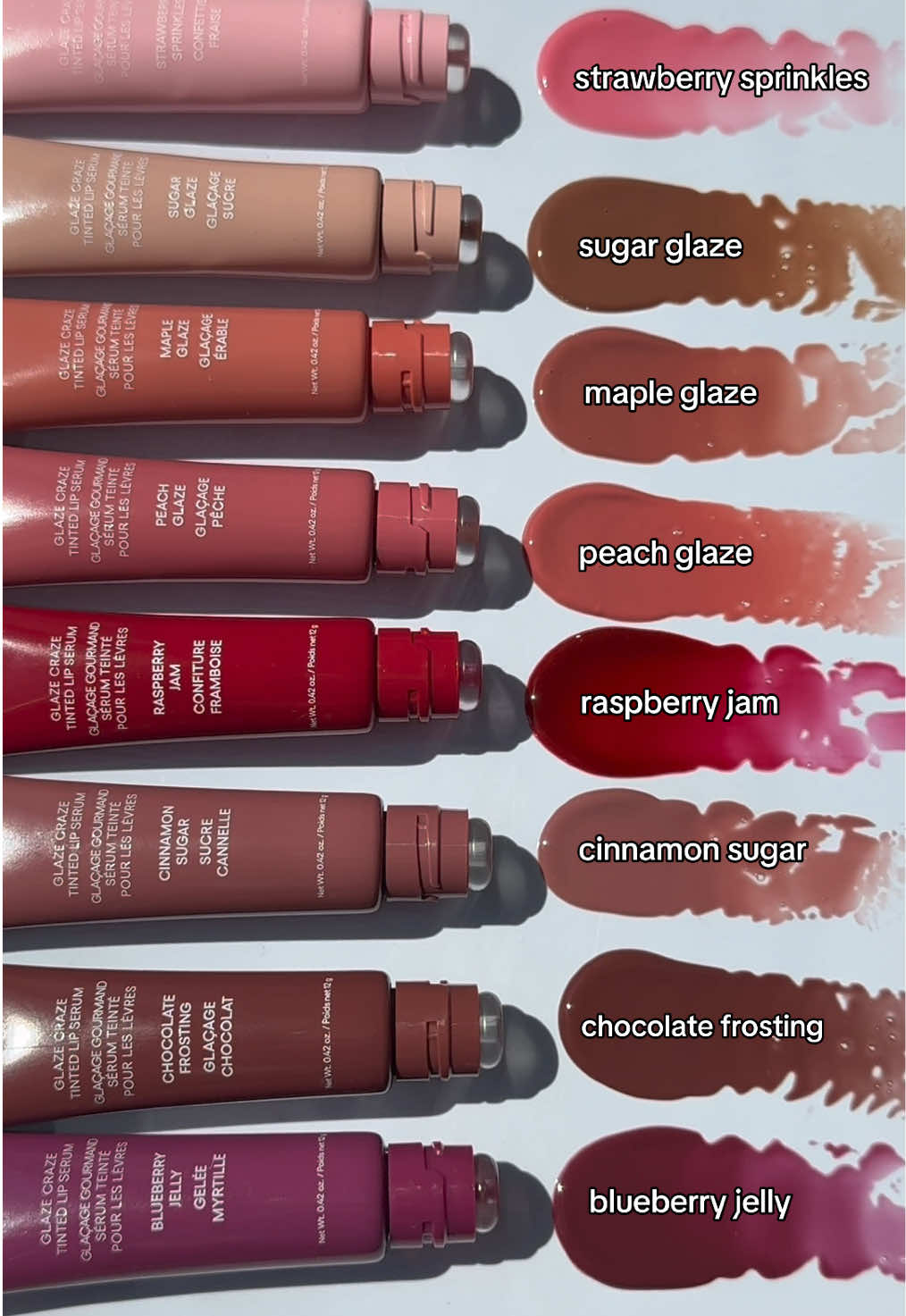 GLAZE CRAZE LINEUP 🍩 Which Glaze Craze Tinted Lip Serum shade speaks to you? 👀 Shop all 8 shades today on TikTok shop! ⭐️ #glazecraze #lipserum #lipgloss #swatch #aesthetic #lipbalm #tinted #lip #lipcombo #kbeauty #laneige 