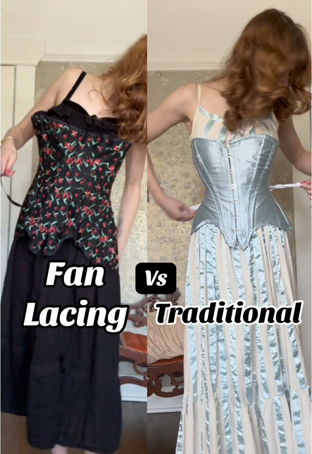 A goofy little video showing how much faster fan lacing is than traditional corset lacing. Different styles of laces for corsets serve different purposes. The fan laced corset is quick and easy but it’s easier to get a good reduction with traditional lacing. #corset #historicalfashion 