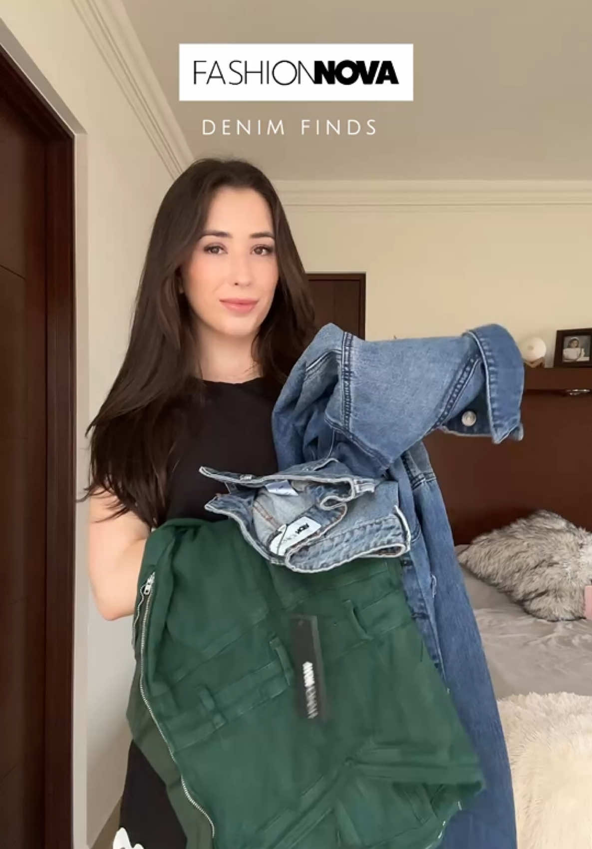 Denim Finds ✨ @Fashion Nova  - Now playing palazzo jeans - medium wash  - Devil in disguise cargo denim jacket - medium wash  - Mine for the weekend denim jumpsuit - green