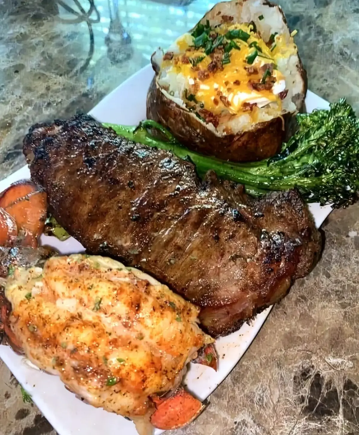 Grilled Steak , Cajun Lobster Tail, Stuff Baked Potatoe, Sauteed Broccoli 🔥 #fyp  #chefelliott 