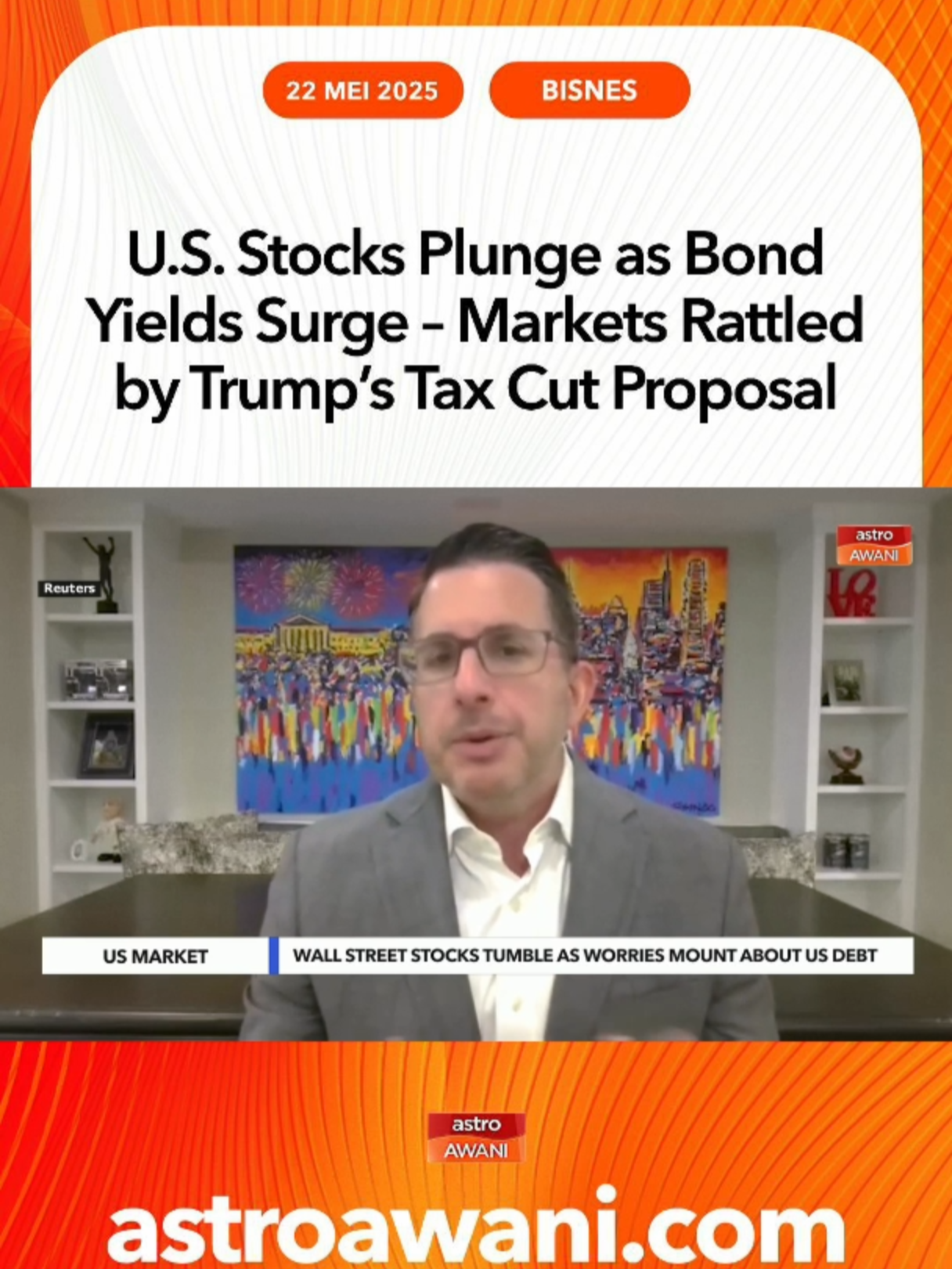U.S. stocks closed sharply lower as Treasury yields spiked, driven by fears that President Donald Trump’s proposed tax cut bill could add $3 to $5 trillion to the national debt. All major Wall Street indexes posted their biggest daily losses in a month, while the 10-year Treasury yield hit its highest level since mid-February, signaling growing investor anxiety. #AWANInews