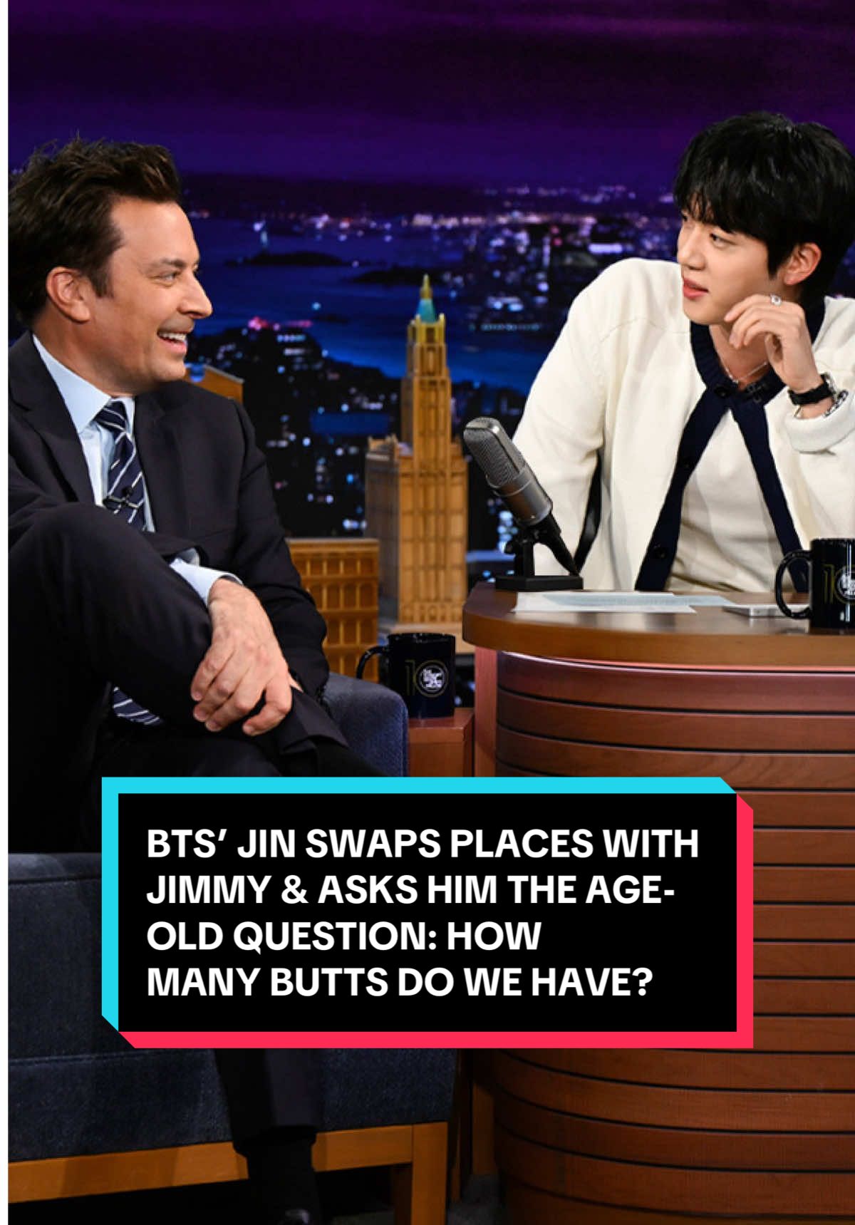 @BTS’ Jin swaps places with Jimmy and asks him the age-old question: how many butts do we have? 😭 #FallonTonight #TonightShow #Jin #Jin_Echo #BTS #ARMY #JinOnFallon #JimmyFallon 