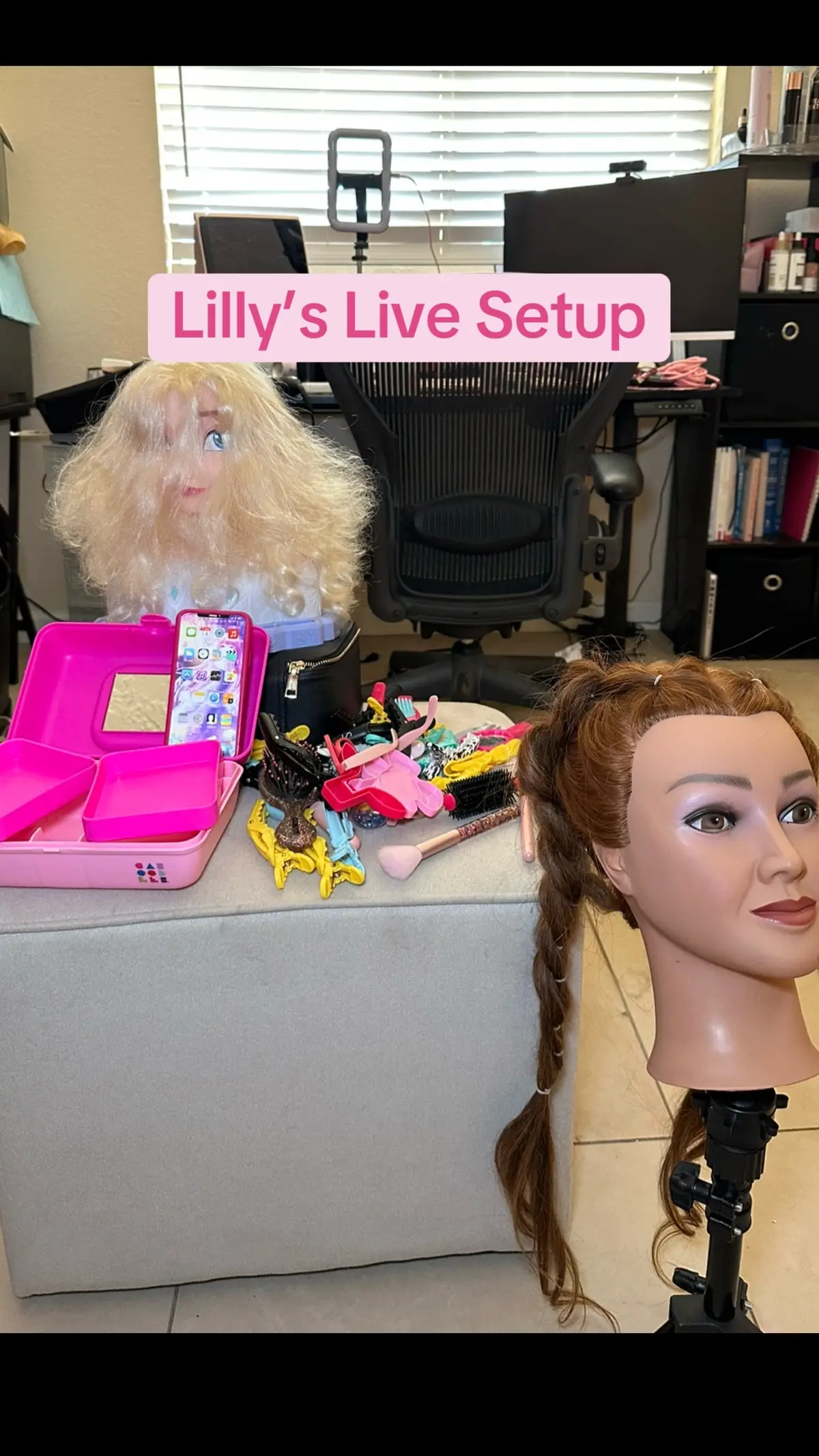 If you were on my live last night, you know my daughter was in the background holding her own live hair demo. Phone set up, Darby clips, makeup box, & Elsa… not pictured is her 3 play curling irons lol #minime #toddlersoftiktok #sahmsoftiktok #pretendplay #daughtersoftiktok 