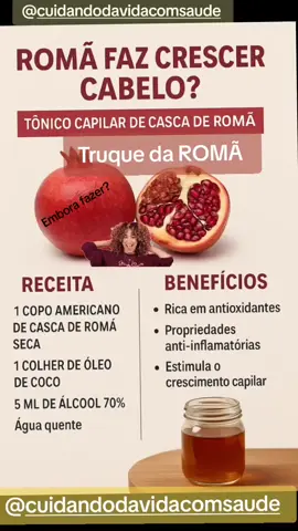 🍵 Receita Popular: Tônico Capilar de Casca de Romã Uma das receitas mais compartilhadas envolve a preparação de um tônico com cascas de romã.  A ideia é que os nutrientes presentes nas cascas ajudem a fortalecer os fios e estimular o crescimento.  Ingredientes: 1 copo americano de casca de romã seca 1 colher de óleo de coco 5 ml de álcool 70% Água quente (quantidade suficiente para cobrir as cascas)  Modo de preparo: 1. Coloque as cascas de romã em um recipiente resistente ao calor. 2. Adicione água quente até cobrir as cascas. 3. Deixe em infusão por cerca de 15 a 20 minutos. 4. Coe o líquido e adicione o óleo de coco e o álcool 70%. 5. Misture bem e deixe esfriar. 6. Transfira para um frasco com tampa e armazene em local fresco e escuro.  Aplicação: Aplique o tônico no couro cabeludo limpo, massageando suavemente com as pontas dos dedos. Deixe agir por pelo menos 30 minutos antes de lavar o cabelo normalmente. Repita o processo 2 a 3 vezes por semana.  #autocuidado #romã #dicascaseiras #saudenatural #tonicocapilar #cabelosaudavel #crescimentocapilar #viral #cuidandodavidacomsaude 