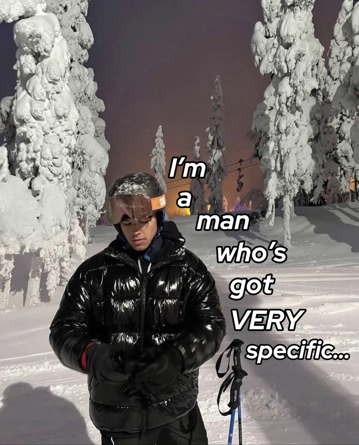 Goggles on. Standards high.  #UrbanSnowCulture #SkiTok #Snowboarding #SkiGirls #Taste #FYP