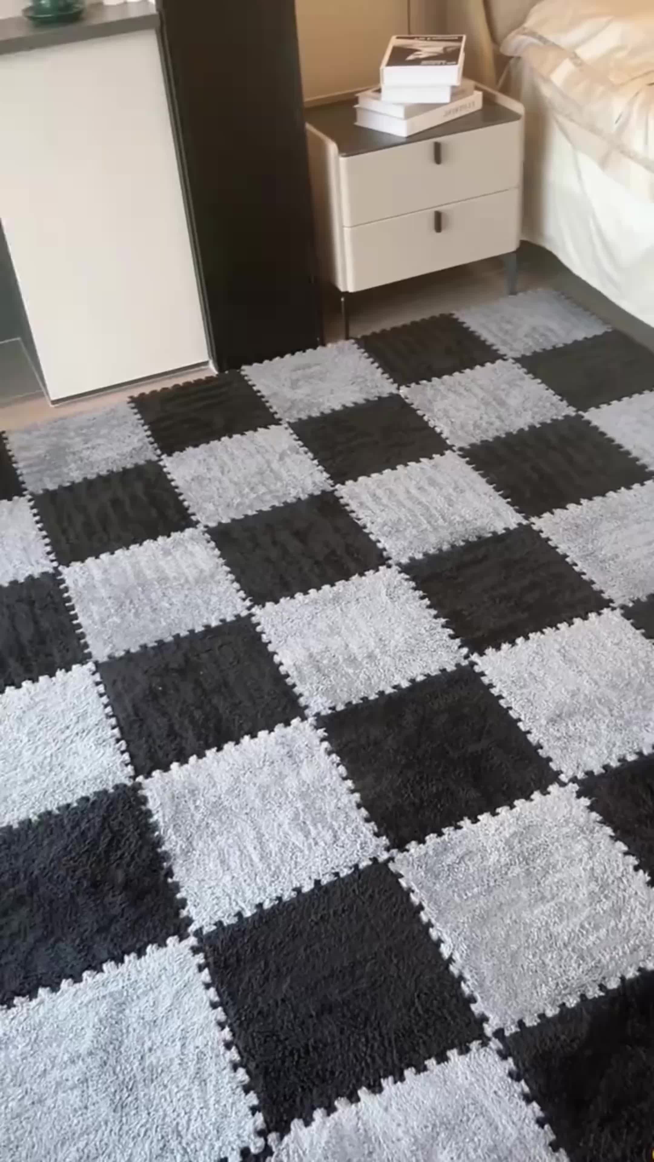 [30pcs Interlocking Puzzle Mat] 30pcs Interlocking Puzzle Mat Tiles, Low Pile Washable Woven Mat with EVA Backing, Solid Color Rectangular Noise-Reducing Mat for Bedroom Floor, Polyester Fiber, Indoor 