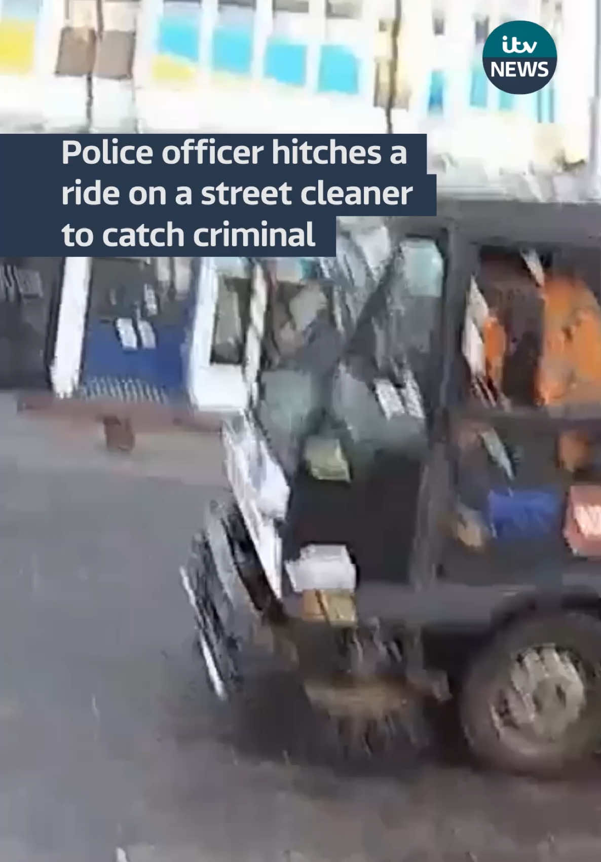 A quick-thinking police officer hitched a ride in a street cleaner to catch a violent offender.  Peter Lock has been jailed after he assaulted a woman in Bognor Regis High Street on 26 February 2023.  He made off from the scene on his bike but was spotted by council workers who pointed him out to responding officers.  The officer initially pursued on foot, but then used his initiative to flag down a street cleaning vehicle to catch up with the defendant #itvnews