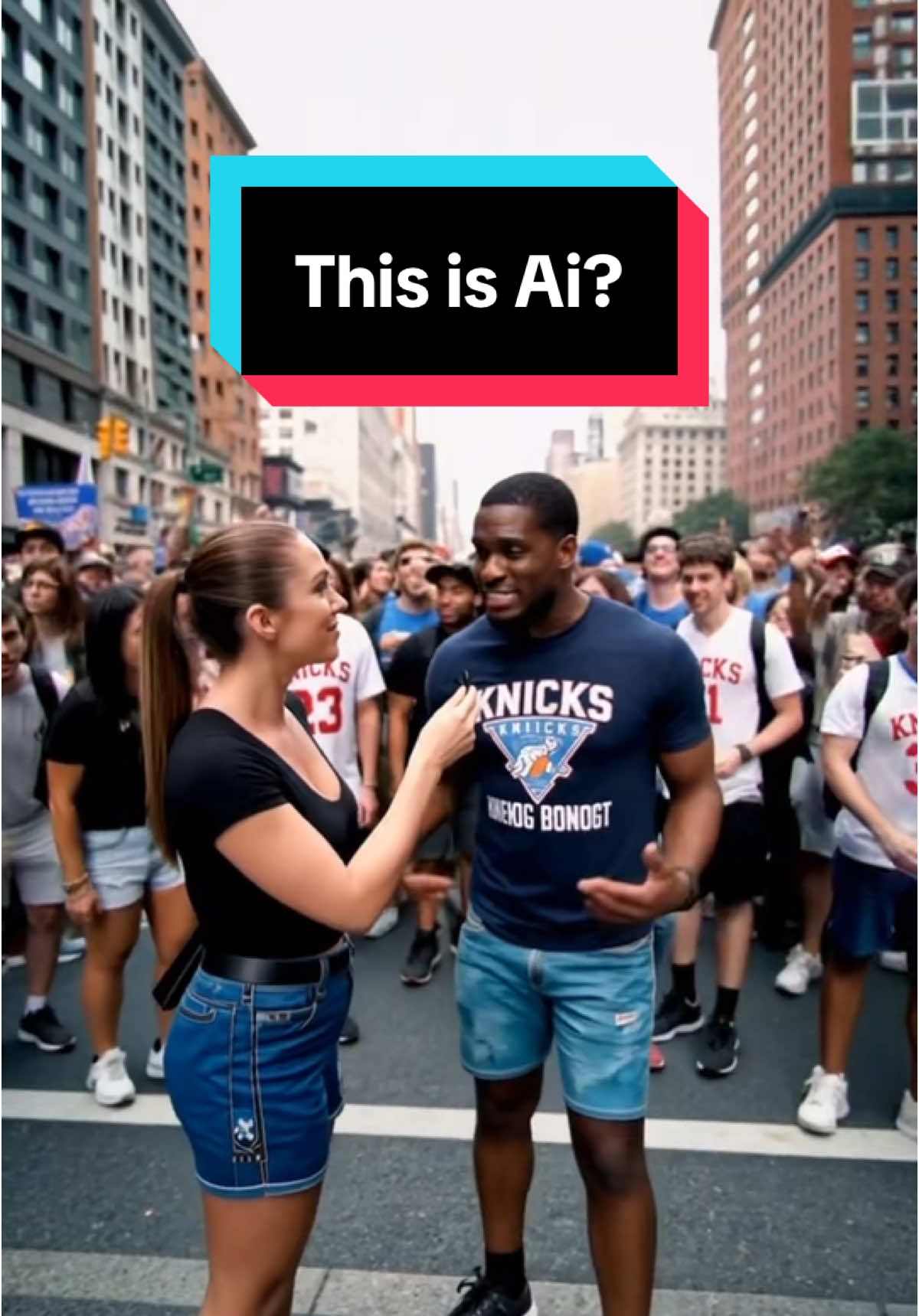 Ai or Real?  Made with google Veo3. Prompt: the shaky handheld iphone camera films a large crowd in on 7th avenue of new york.  A female street reporter asks an African American man standing in front of the crowd [how do you feel about the Knicks?].  The African american man responds emphatically [Knicks in six, Bing Bong!].  The multi-racial new york crowd of knicks fans immediately erupts into chaos and cheering with pulsing behind the African American man who folds his arms and nods his head with a smirk.  #kling #klingai #runwayml #runwaygen3 #act1 #minimax #hailuo #midjourney #lumalabs #ai #aivideo #chatgpt #midjourney #midjourneyartwork #VideoFX #Veo3 #google #claude #anthropic #tutorial #foryou #flow 