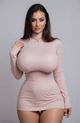 Divina vestida de punto acanalado, manga larga y color rosa claro. #AImodeling #MotionVibes #Perspectivematters #SmoothMoves #SmilingWithStyle #SculptedAndSeductive #RibbedDress