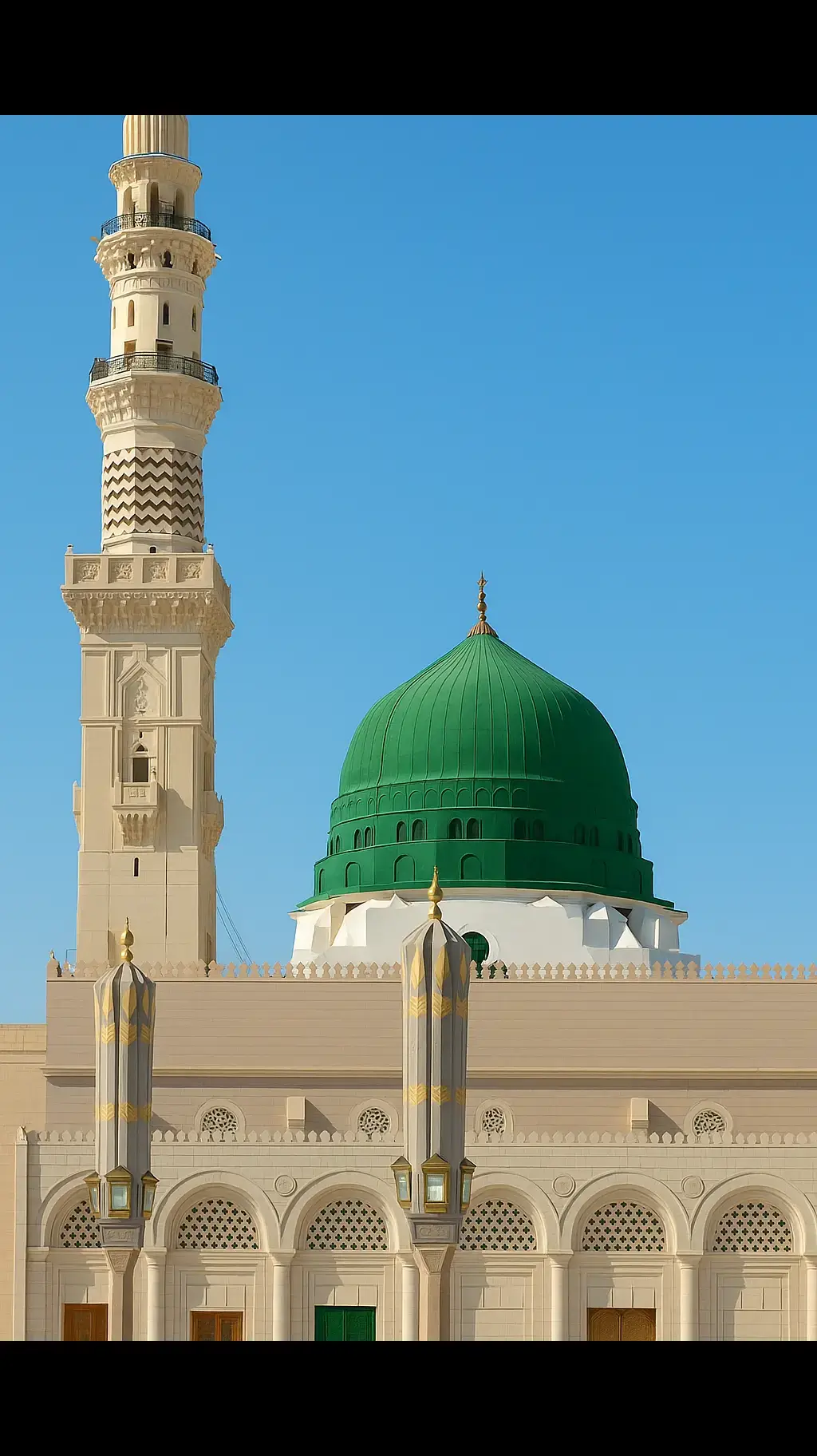 This image captures the majestic beauty of Masjid al-Nabawi, the Prophet's Mosque, located in the holy city of Madina. The iconic green dome marks the resting place of the Prophet Muhammad (PBUH). Surrounded by elegant minarets, the mosque's stunning architecture is illuminated under a clear blue sky. The expansive marble courtyard reflects the soft sunlight, creating a serene and spiritual atmosphere. PilgrimS are seen peacefully walking and praying, symbolizing the unity and devotion of Muslims from arOund the world. This sacred site is not only an architectural masterpiece but also a place of deep reverence and tranquility. #unfrezzmyaccount #viral #treding #naatstatus #mashallah #foryou #unfreez