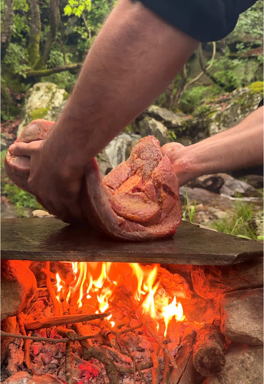 TOM AND JERRY STEAK. Huge steak SIZZLING on a hot stone by the river. Experimenting with the  Tom and Jerry steak AKA the Flintstones Steak. We had to use an extra large stone to grill this 7.7lbs (3.5kg) steak, using chilli olive oil, salt, pepper and garlic powder and some butter. #asmr #steak #Outdoors #cooking 