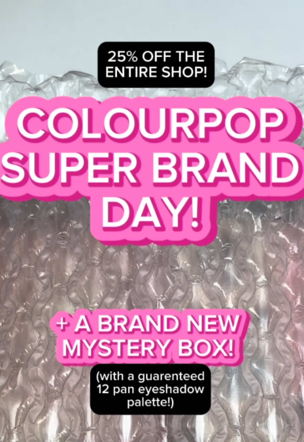 It’s @ColourPop Cosmetics SUPER BRAND DAY, and there’s a brand new Mega Live Mystery Box!     You get a GUARENTEED 12 pan eyeshadow palette + 6 full size best selling products + FREE shipping!      Everything in the Colourpop Tiktok Shop store is also 25% off AND if you spend over $40, you get a FREE Instant Crush Lip & Cheek Balm! 😍               #creatorsearchinsights #colourpop #TikTokShop 