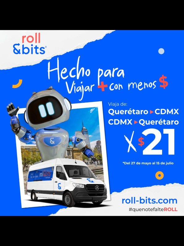 🚐💥 ¡Viaja de Querétaro a CDMX y de CDMX a Querétaro desde $21! Sí, leíste bien: ¡$21 pesos! Válido del 27 de mayo al 15 de julio. Con roll&bits viajas fácil, cómodo, seguro y sin vaciar tu cartera. 👉 Reserva ya en roll-bits.com #QueNoTeFalteRoll #RollAndBits #ViajaDiferente #paratii  #fyp 