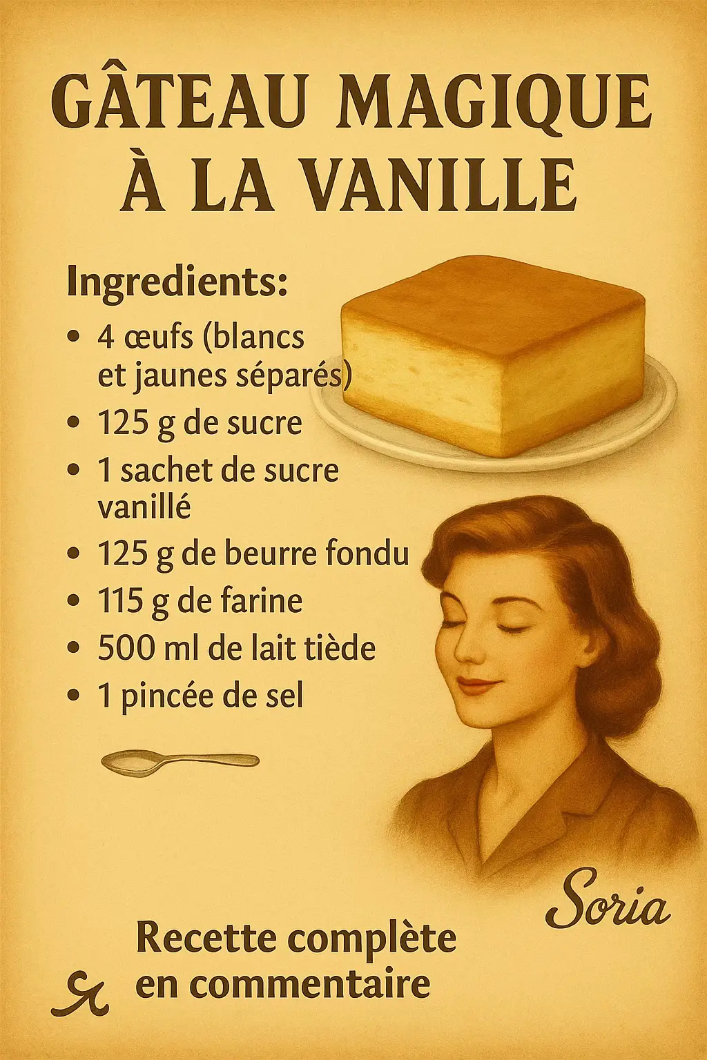 🎂 Gâteau Magique à la Vanille ✨ 1 pâte → 3 textures : flan, crème, génoise ! 📝 Ingrédients : 🥚 4 œufs (blancs et jaunes séparés) 🍬 125 g de sucre 🍦 1 sachet de sucre vanillé 🧈 125 g de beurre fondu 🌾 115 g de farine 🥛 500 ml de lait tiède 🧂 1 pincée de sel ⸻ 👩‍🍳 Préparation : 1️⃣ Séparer les blancs des jaunes d’œufs 2️⃣ Fouetter les jaunes avec les sucres jusqu’à blanchiment 3️⃣ Ajouter le beurre fondu, puis la farine 4️⃣ Incorporer le lait tiède petit à petit 5️⃣ Monter les blancs en neige avec la pincée de sel 6️⃣ Les incorporer délicatement à la pâte (elle sera liquide et grumeleuse, c’est normal !) 7️⃣ Verser dans un moule carré ou rond (20 x 20 cm ou Ø 22 cm) 8️⃣ Cuire à 150°C (chaleur traditionnelle) pendant 50 à 60 min 9️⃣ Laisser refroidir, réfrigérer 2h minimum puis saupoudrer de sucre glace ⸻ 🍰 Résultat : un gâteau léger, magique et fondant à cœur ! #GâteauMagique #RecetteFacile #CuisineVintage #DessertMaison #FaitMaison #IdéeDessert #RecetteTikTok#kiki68 