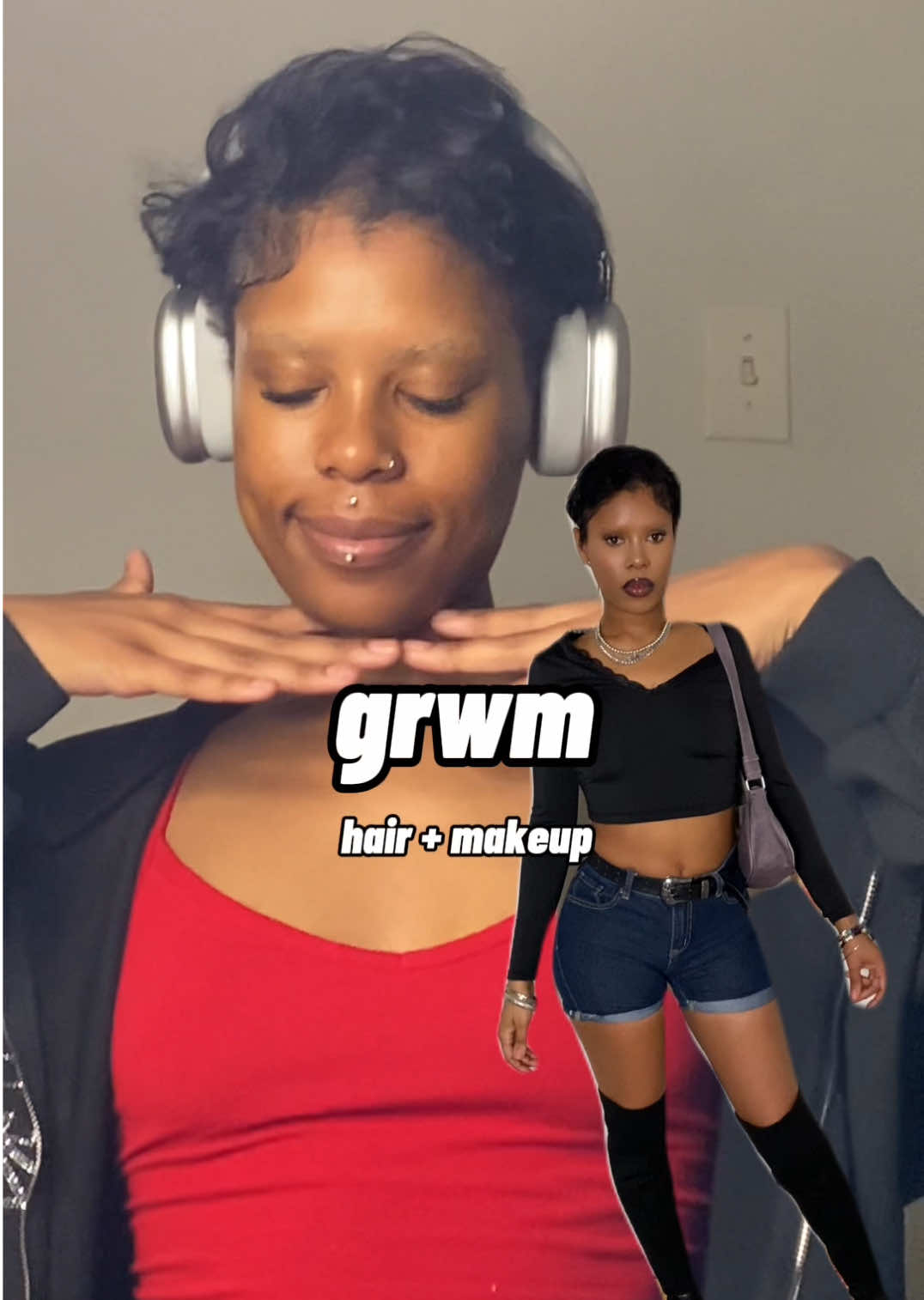 My go to makeup + pixie refresh + fit check for the girlssss🤭🖤✨  #grwmaesthetic #pixiecut #MyMakeupRoutine #makeupforbrownskin #blondebrowsblackgirl #altblacktiktok #altblackgirltiktok 