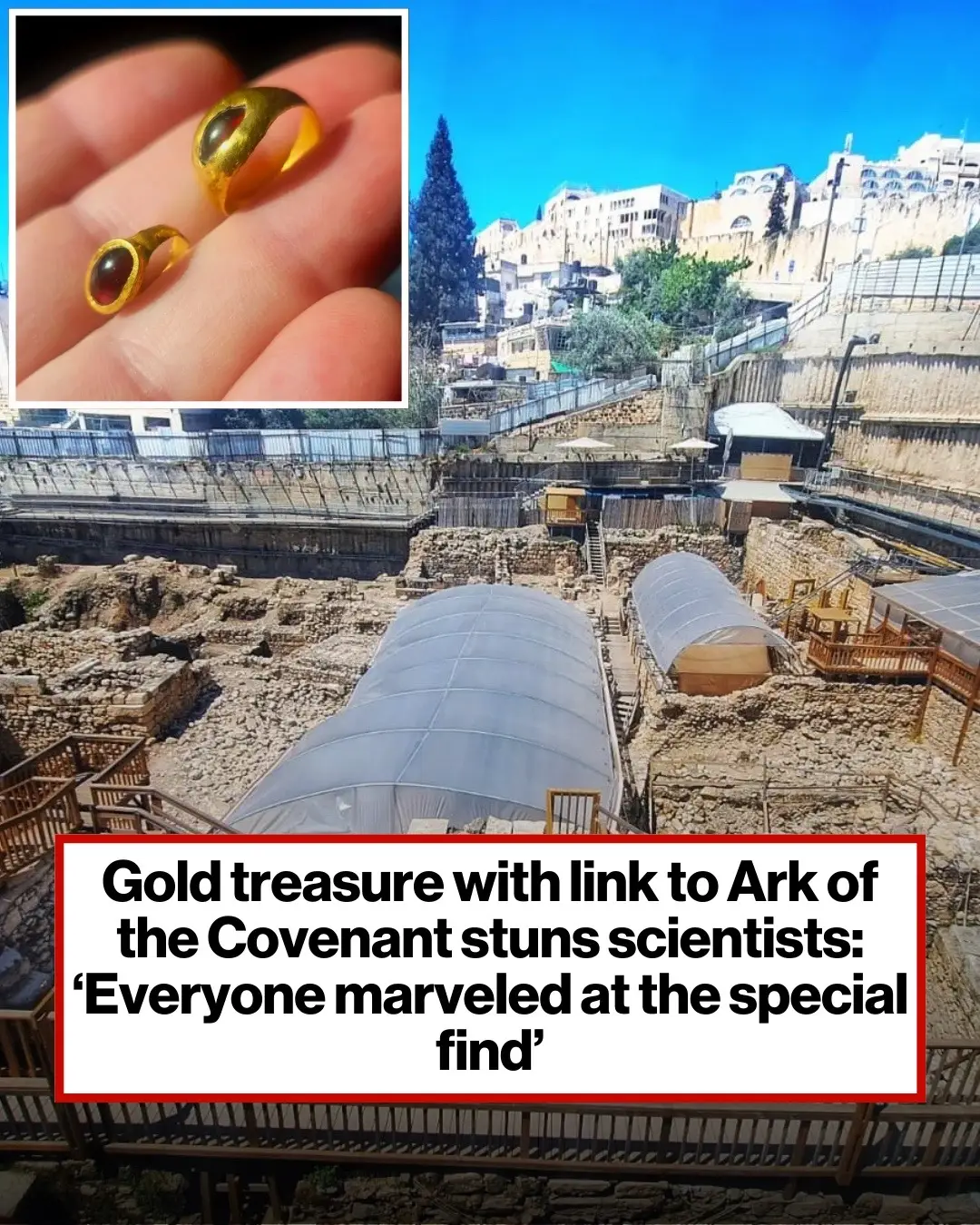 In a shocking archaeological discovery, an ancient gold ring has been unearthed at the City of David — the ancient heart of Jerusalem. 😳 The small gold ring, adorned with a red gemstone, is believed to date back roughly 2,300 years. 📸: Facebook/Israel Antiquities Authority