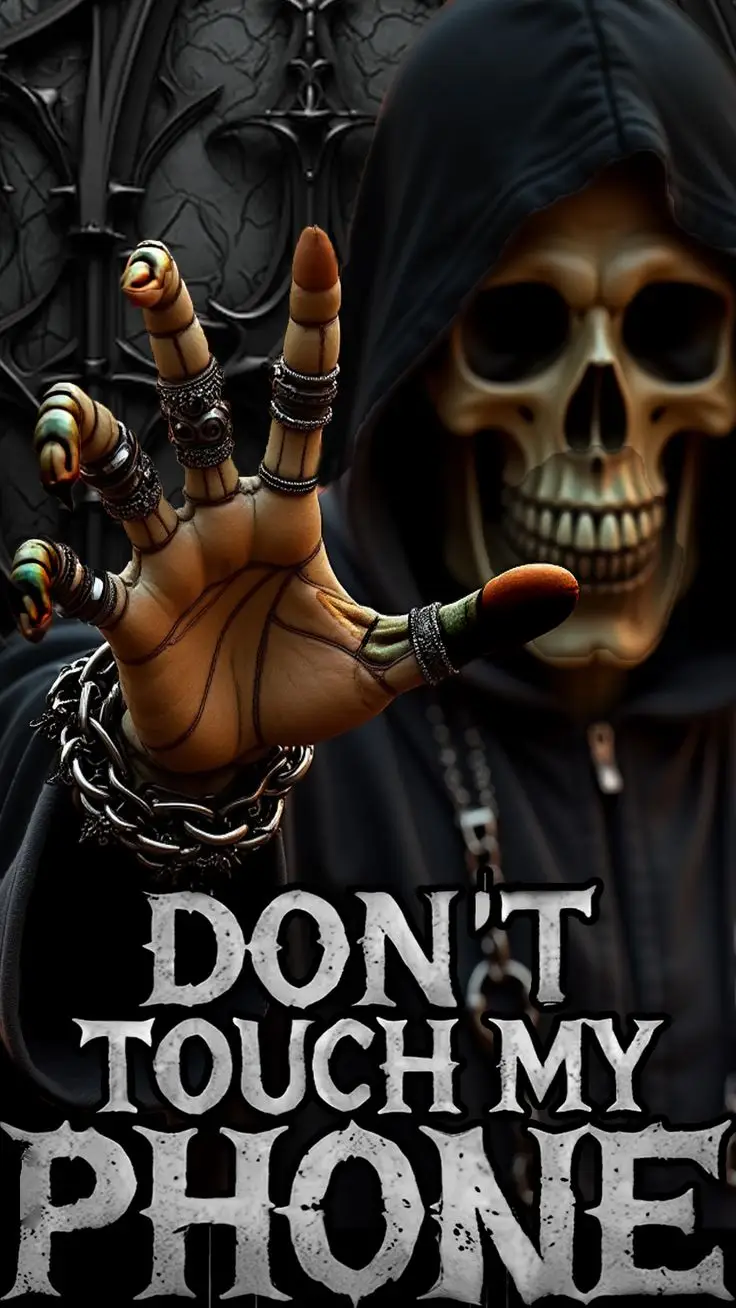 DONT TOUCH MY PHONE - SKULL WALLPAPER Bold and edgy 'Don't Touch My Phone' wallpaper featuring a menacing skull design. Perfect for those who love dark, intimidating aesthetics and want to keep their phone off-limits! making it a standout choice for your lock screen. To download and many more like this visit my profile on Zedge #wallpapers #androidwallpapers #mobilewallpapers #darkwallpapers #skullwallpapers 