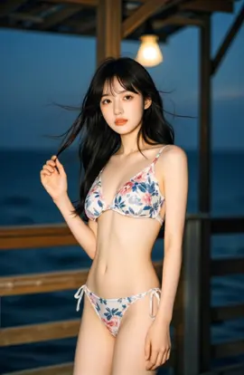 黄昏時、彼女が髪を整える仕草に、すべてが吸い込まれていく。#夕陽美人 #フローラル水着 #海辺の小屋 #髪をかき上げる瞬間 #日系情緒 