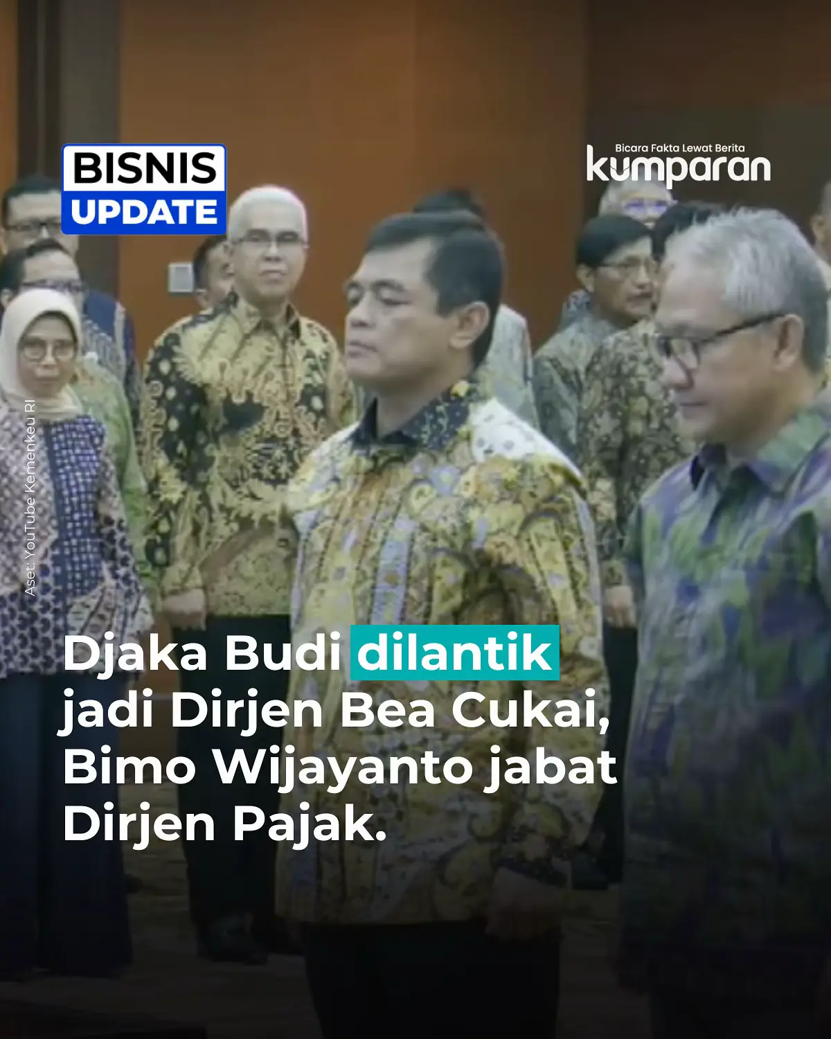 Menteri Keuangan Sri Mulyani Indrawati resmi melantik sejumlah pejabat eselon I Kementerian Keuangan secara tertutup pada Jumat (23/5), termasuk dua nama penting: Bimo Wijayanto sebagai Direktur Jenderal Pajak menggantikan Suryo Utomo, dan Letjen TNI Djaka Budi Utama sebagai Direktur Jenderal Bea dan Cukai menggantikan Askolani.  Bimo Wijayanto sebelumnya merupakan Tenaga Ahli Utama di Kantor Staf Presiden pada September 2014-Juli 2015 dan pernah dia pernah berkantor di Kemenko Bidang Maritim dan Investasi sebagai Asisten Deputi Investasi. Sementara Djaka Budi adalah perwira tinggi TNI AD yang saat ini menjabat sebagai Sekretaris Utama Badan Intelijen Negara (BIN). Di luar militer, Djaka pernah menjadi Deputi Bidang Koordinasi Politik Dalam Negeri Kemenko Polhukam sepanjang Agustus 2021-Juni 2023. 📸: Dok. YouTube Kemenkeu RI. Follow WhatsApp Channel kumparan untuk dapat Informasi terpercaya dikirim langsung ke WhatsApp kamu. Ketik kum.pr/WAchannel di browser kamu sekarang, agar bisa share informasi tanpa ragu. #bisnisupdate #update #bisnis #oneliner #kemenkeu #kementeriankeuangan #dirjenbeacukai #dirjenpajak #pelantikan #info #beritaterkini #berita #infoterkini #bicarafaktalewatberita #kumparan