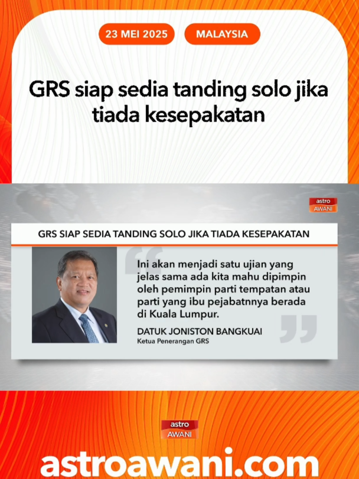 Ketua Penerangan GRS, Datuk Joniston Bangkuai berkata, atas sebab itu, GRS bersiap sedia dengan kemungkinan situasi berkenaan termasuk bertanding solo pada PRN17 seperti dinyatakan Pengerusinya, Datuk Seri Hajiji Noor. #AWANIBorneo #AWANInews